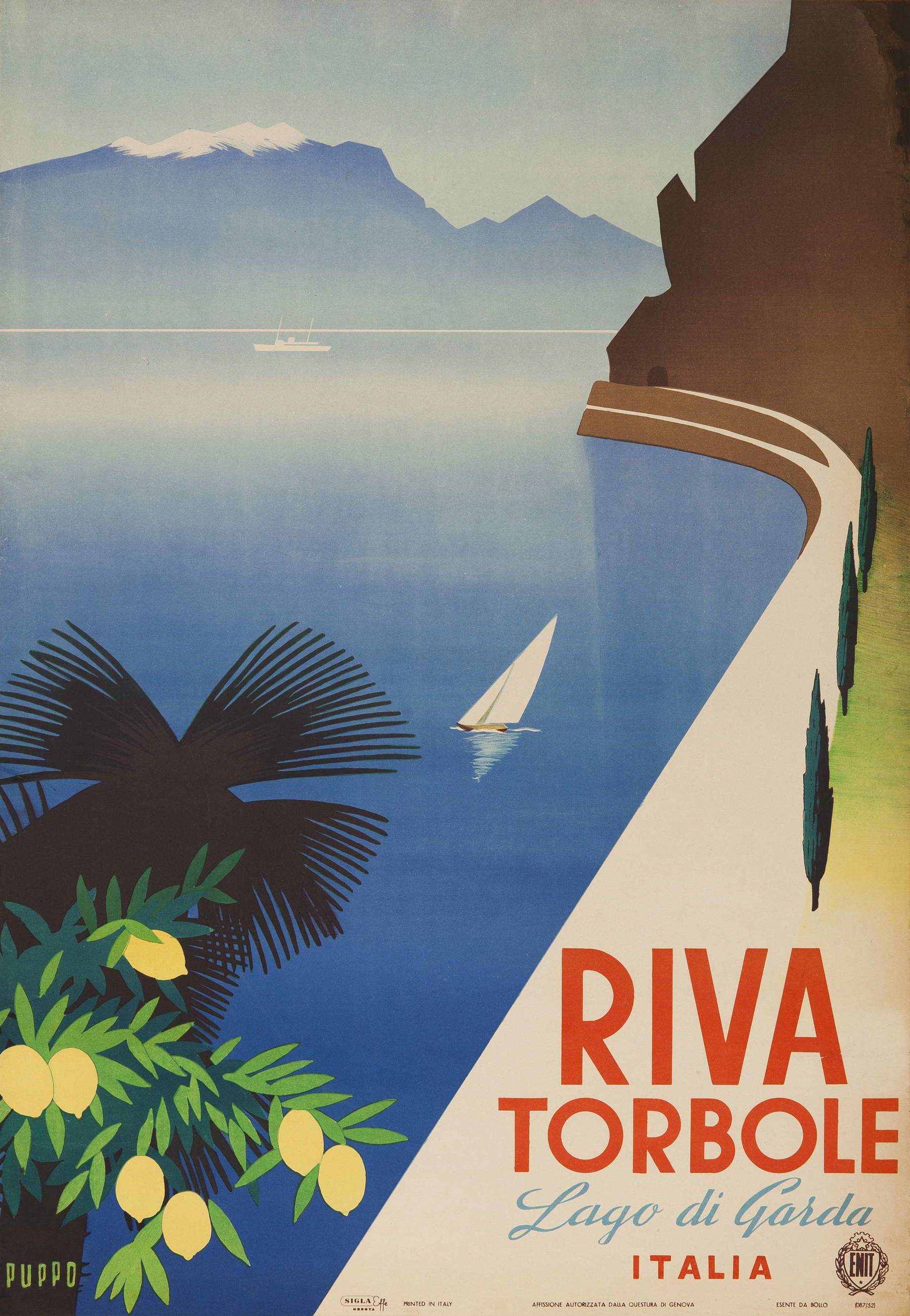 Mario Puppo, Riva Torbole. Lago de Garda (SIGLA Effe Génova, 1952; cromolitografía sobre papel, 97,5 x 67,5 cm; Riva del Garda, MAG)