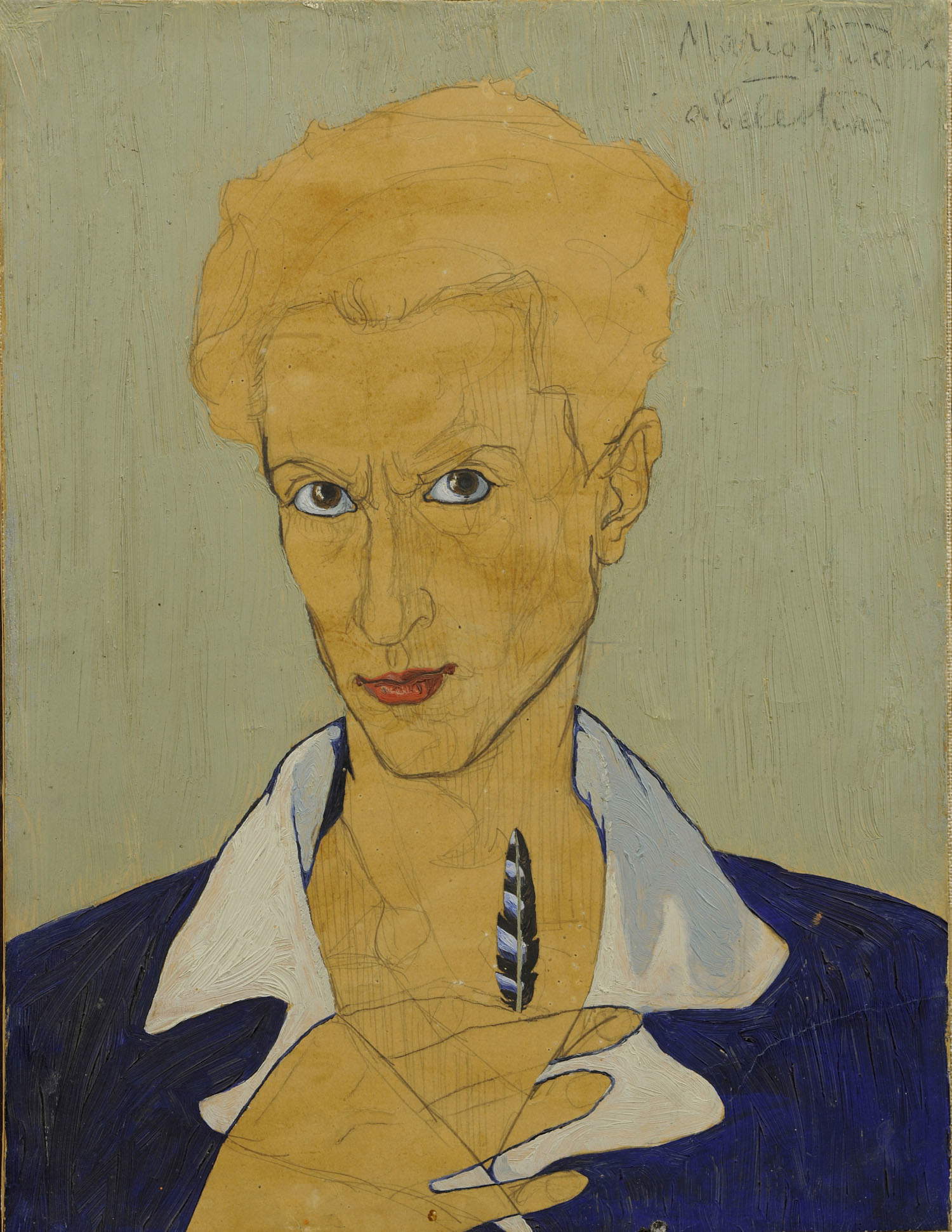 Mario Sturani, Self-portrait with jay feather, detail (1928)