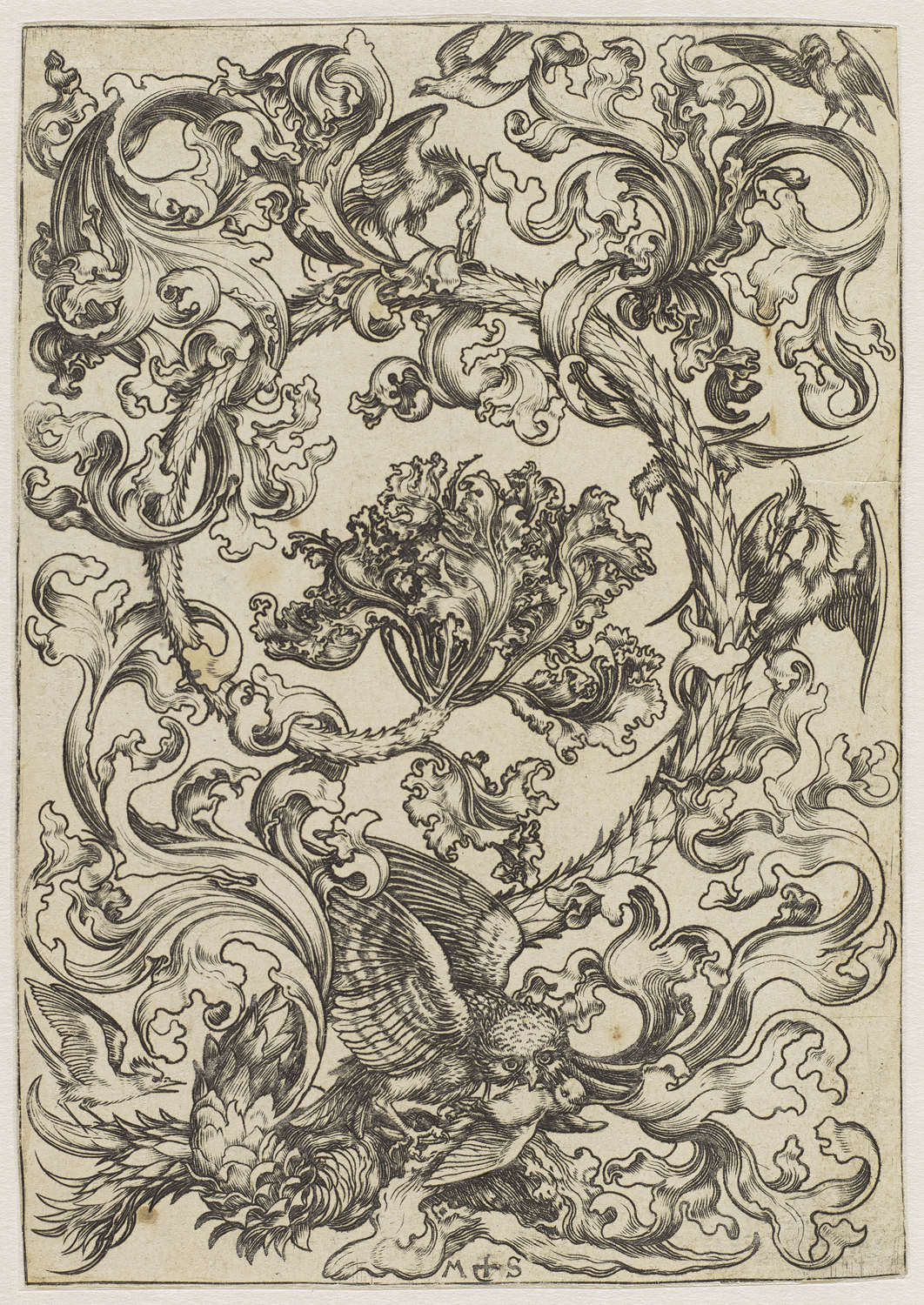 Martin Schongauer, Ornamental scroll decoration with a barn owl &copy; GrandPalaisRmn (mus&eacute;e du Louvre), Tony Querrec