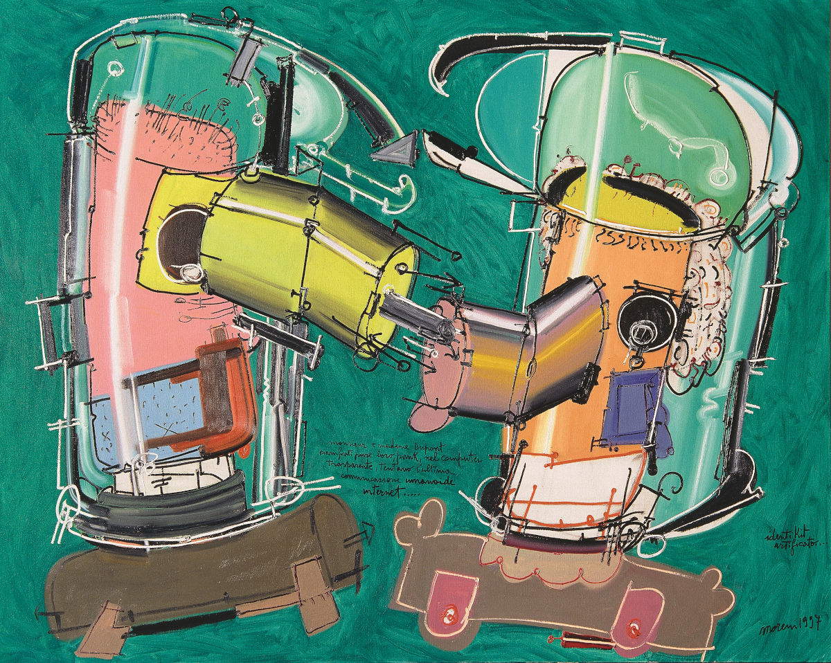 Mattia Moreni, Monsieur et Madame Dupont planned as well, punk,in the transparent computer, attempt the ultimate humanoid internet communication ... (1997; mixed media on canvas, 200x250 cm; Mattia Moreni Archive Collection)