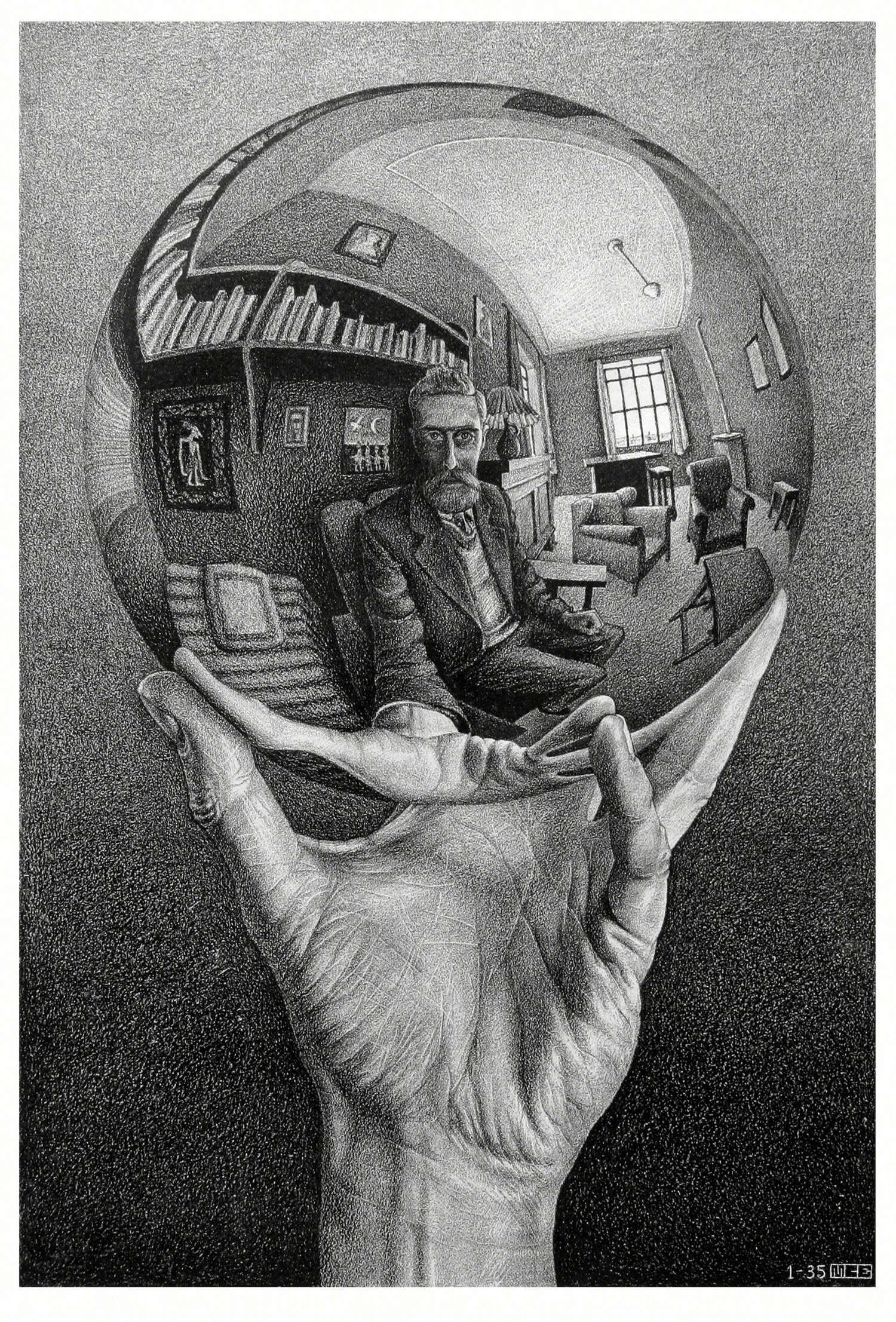 Maurits Cornelis Escher, Mano con esfera reflectante (1935; litografía, 318x213 mm; Rock J. Walker Collection / Walker Fine Art) &copy; The M.C. Escher Company. Todos los derechos reservados www.mcescher.com