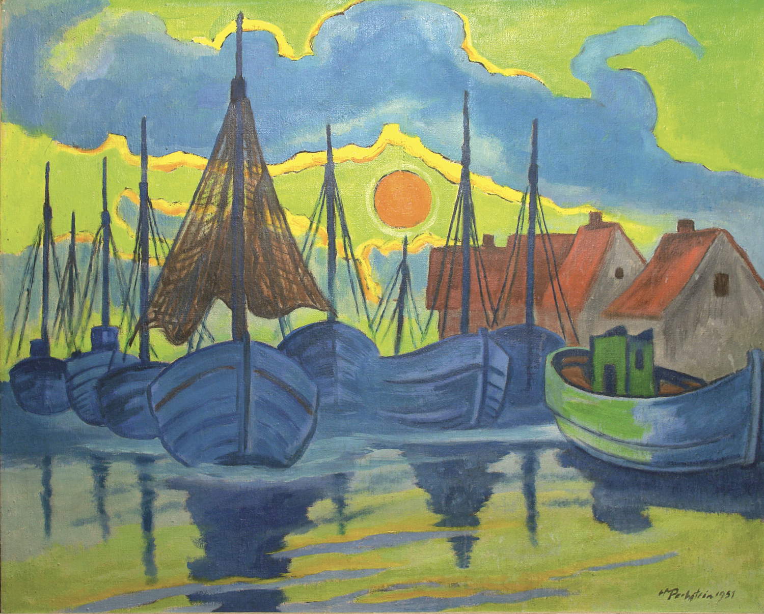 Max Pechstein, Abend im Hafen von Leba (1951; Öl auf Leinwand, 80 x 100 cm; Privatsammlung) &copy; 2026 Pechstein – Hamburg / Berlin Foto &copy; Foto-Atelier LORENZ, Zschorlau; KUNSTSAMMLUNGEN ZWICKAU Max-Pechstein-Museum
