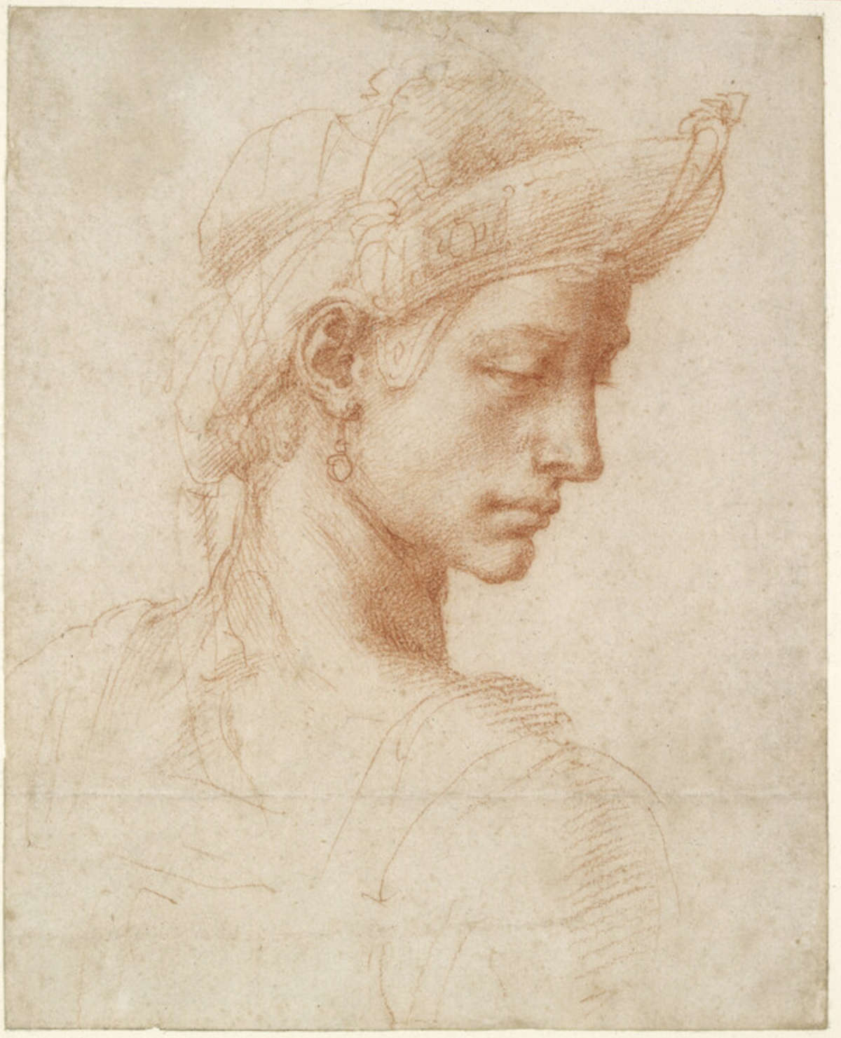 Miguel Ángel, Cabeza ideal (1520-1525; sanguina sobre papel, 205 x 165 mm; Oxford, Ashmolean Museum)