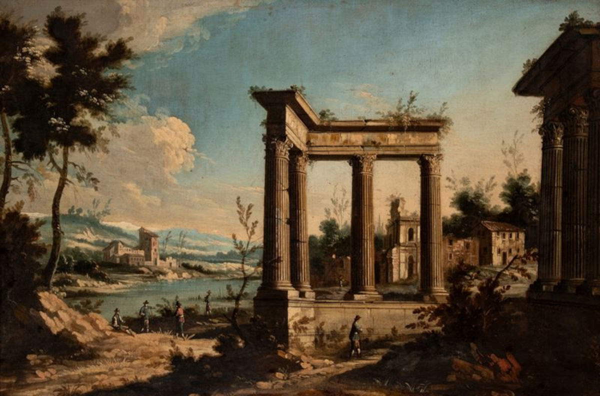Scope of Michele Marieschi, River Landscape with Classical Ruins and Figures (Oil on canvas, 73.5 x 109 cm) Photo: Finarte