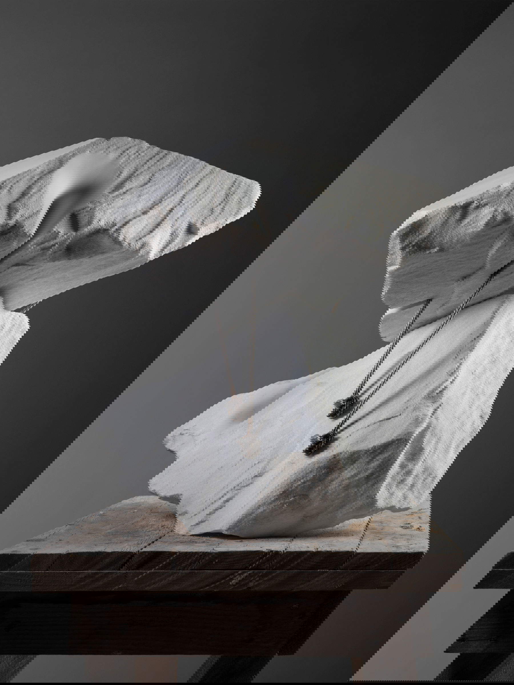 Mikayel Ohanjanyan, Ties that Bind (2025; weißer Carrara-Marmor, Edelstahlseile) Foto: Nicola Gnesi