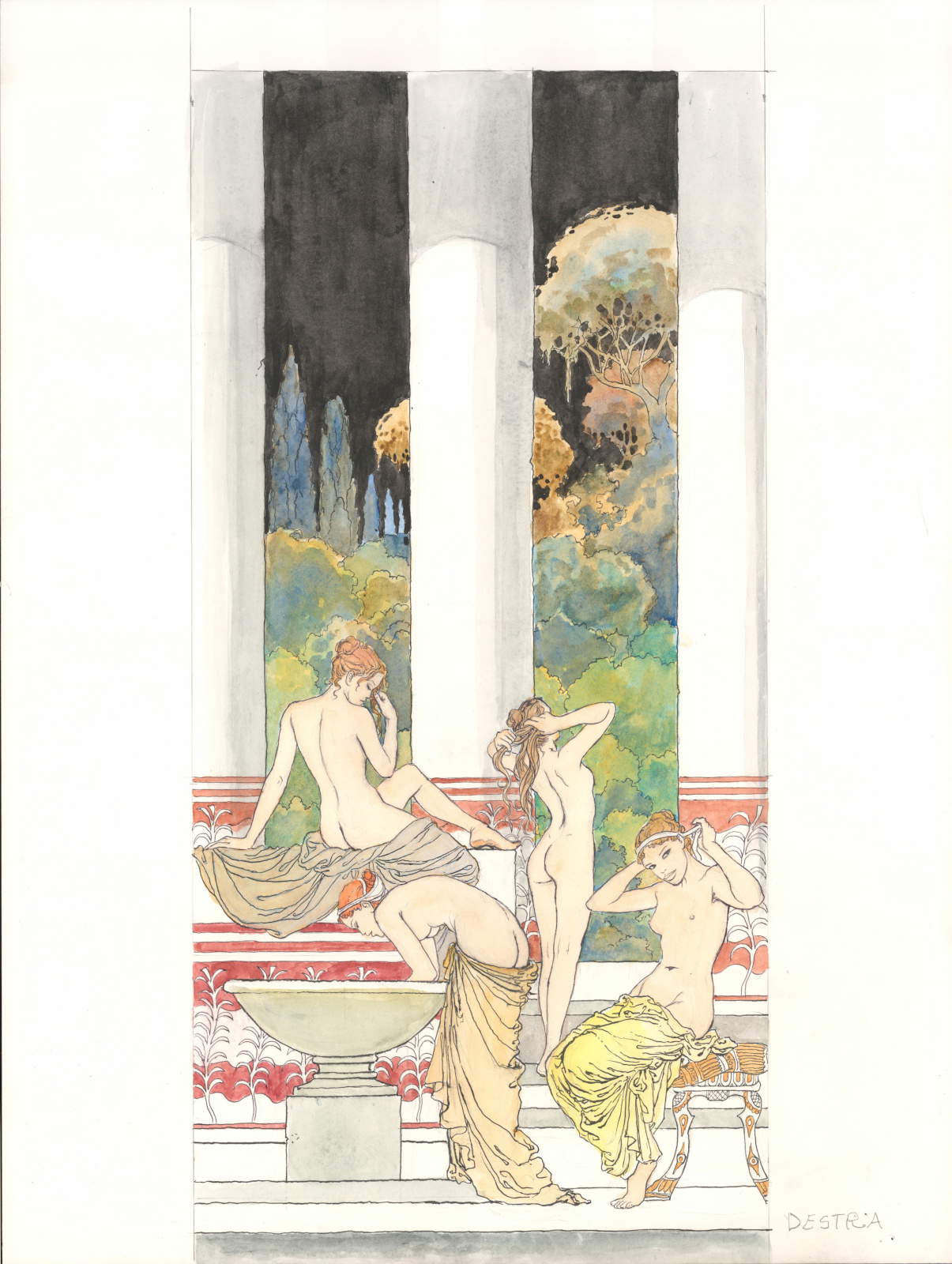 Milo Manara, Boccascena. El baño de las ninfas (2023; acuarela sobre papel, 61 x 46 cm; colección del autor)
