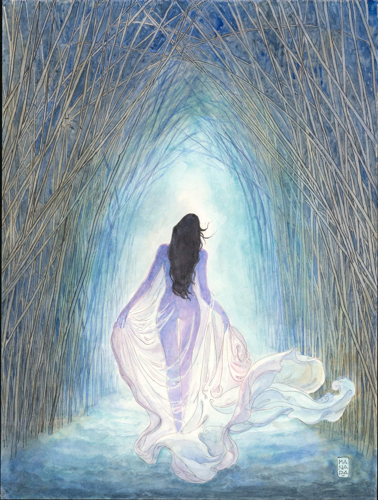 Milo Manara, Portada de la exposición VISIONI. Milo Manara en el laberinto (2026; acuarela sobre papel, 69 x 47 cm; colección del autor)