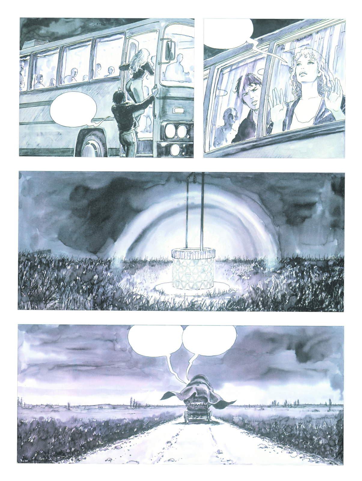 Milo Manara, «A riveder le stelle. Las aventuras metropolitanas de Giuseppe Bergman» (1999; tinta china y Ecoline sobre papel, 68 x 50 cm, p. 10; Colección del autor)