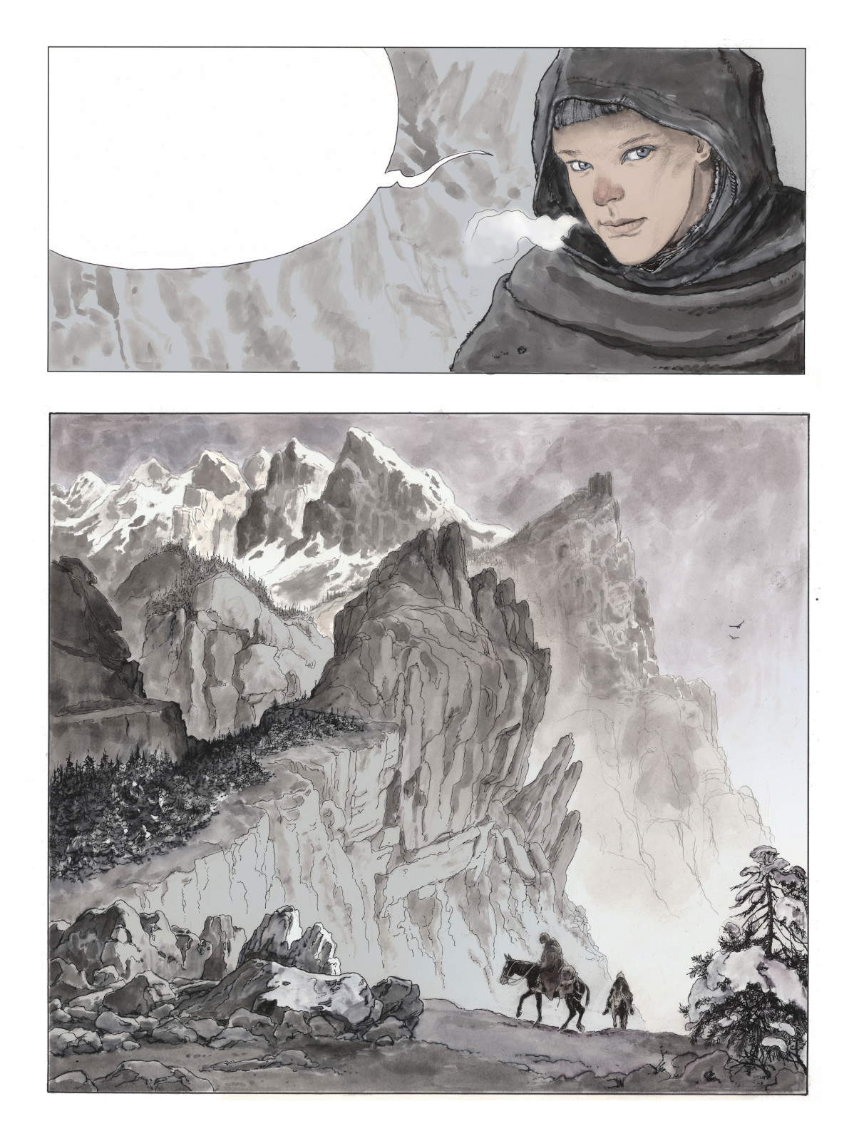 Milo Manara, El nombre de la rosa (2022; tinta china y Ecoline sobre papel, 64 x 48 cm, vol. I, p. 5; Colección del autor)