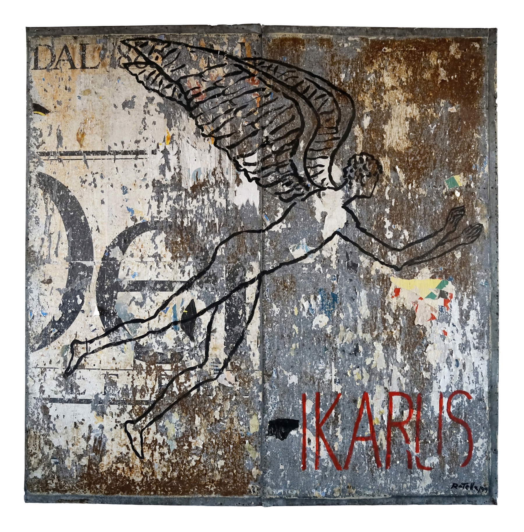 米莫·罗泰拉，《伊卡洛斯》（1999；金属板上剥离技法与覆绘，300×300厘米；拉梅齐亚泰尔梅，萨卡尔收藏，拉梅齐亚泰尔梅机场）