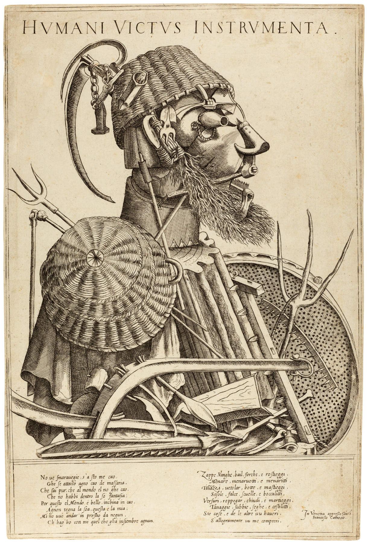 Artist’s monogram IF, after Giuseppe Arcimboldo, *HUMANI VISTUS INSTRUMENTA: AGRICOLTURA* (Before 1569; burin and etching on paper, 395 x 264 mm; Baselitz/Blau Collection)