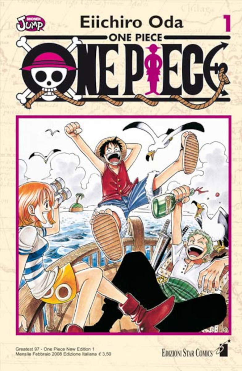 Eiichirō Oda (scritto e disegnato da), One Piece (Wan Pīsu), copertina del primo volume della New Edition italiana del manga