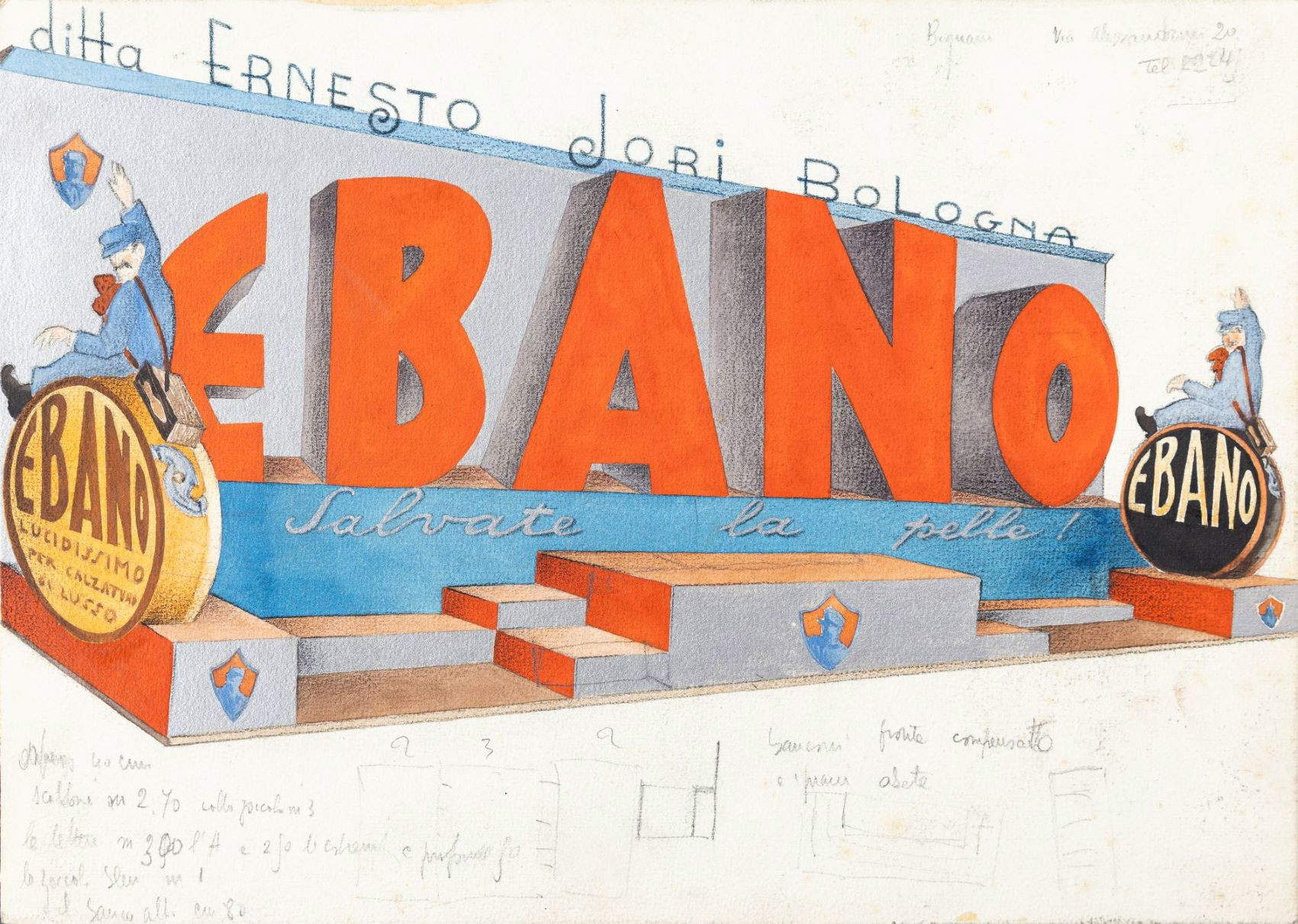 Paolo Bignami, Schaufensterentwurf „Ebano“ (o. J.; Mischtechnik auf Karton, 25 x 36 cm; Bologna, Museo DEISA Ebano)