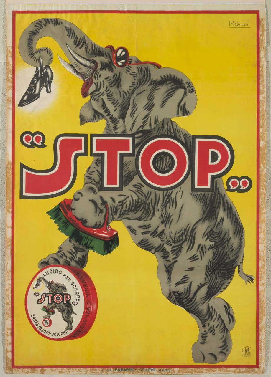 Pietro Pietra, „Stop“ (o. J.; Lithografie, 100,3 x 70,3 cm; Bologna, Museo DEISA Ebano)