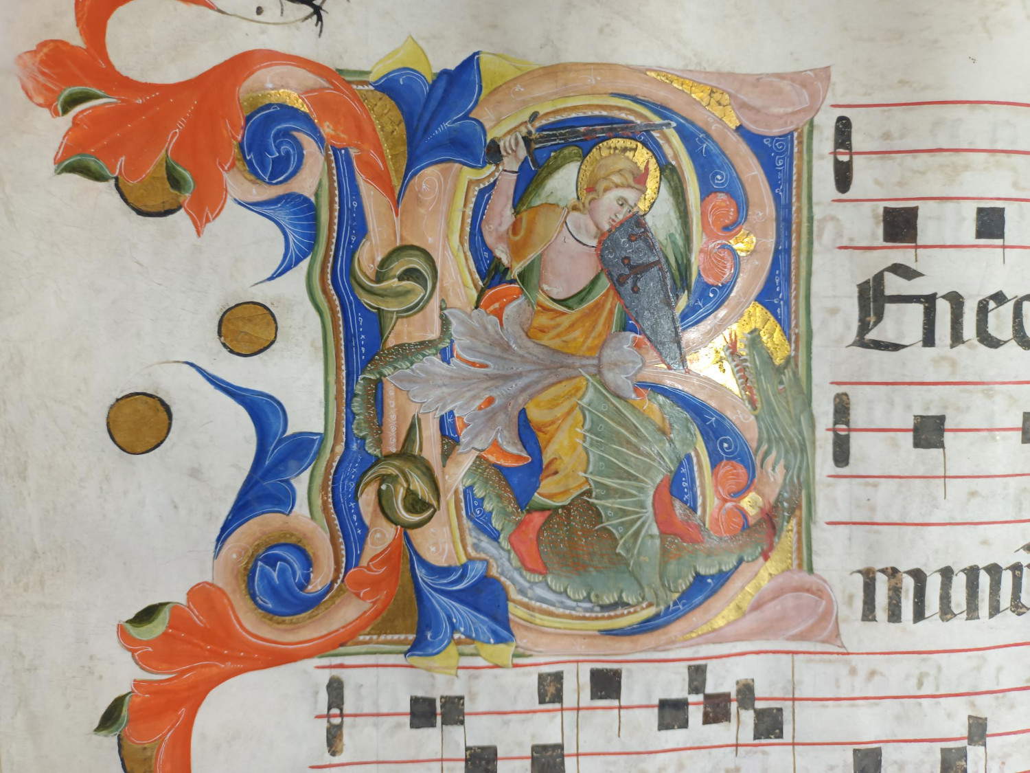 Museo di San Marco, Municipality of Santri B, Initial B with Archangel Michael and the Dragon, c 91 v, 14th century &copy; MiC - Regional Directorate National Museums Tuscany - Museo di San Marco