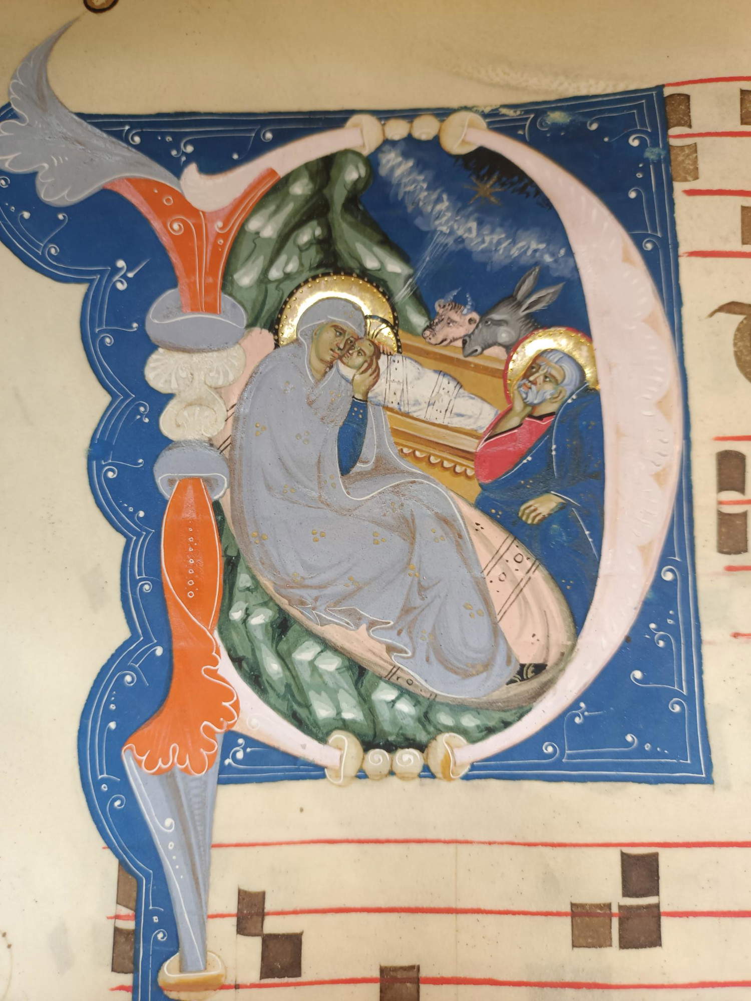 Museo di San Marco, Gradual F, Initial P - Nativity with ox and donkey, c 26 r, 13th century &copy; MiC - Regional Directorate National Museums Tuscany - Museo di San Marco