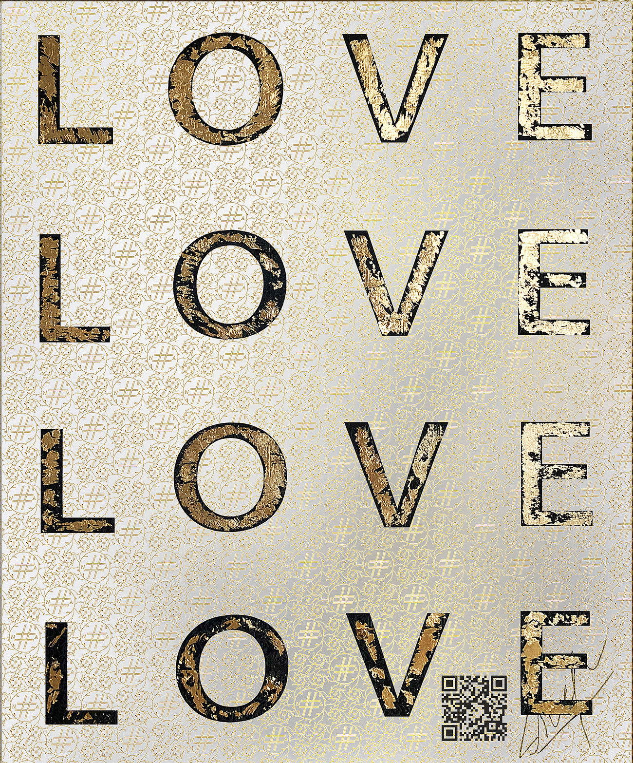 Narine Arakelian, Amore (2019; inchiostro serigrafico su tessuto, pittura oro, 180x140 cm). Foto: Giuseppe Cabras