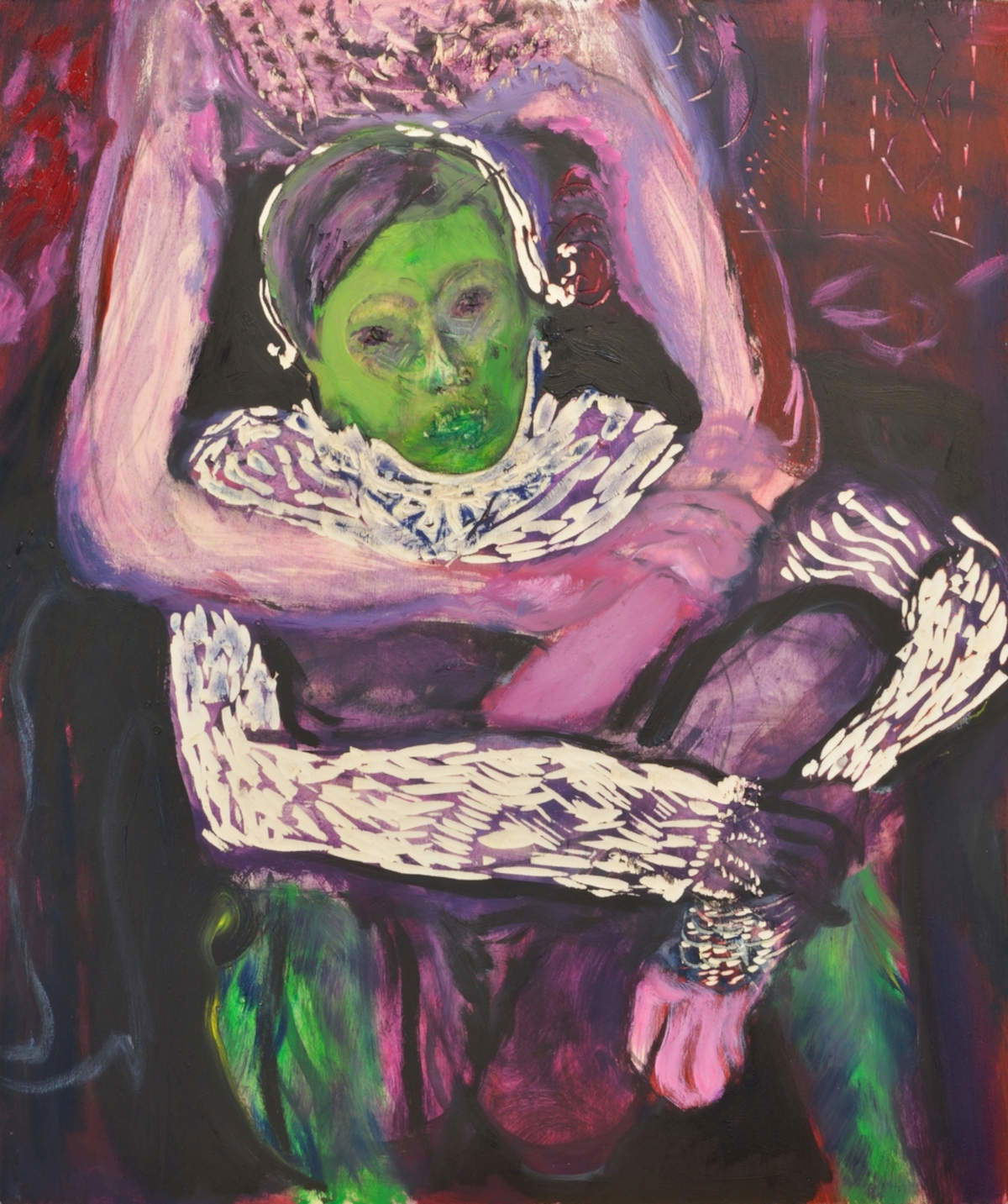 Neboj&scaron;a Despotović, « All my dreams are peaceful because of you » (2020 ; acrylique et huile sur bois gravé, 60 x 50 cm ; collection de la Fondation THE BANK, Bassano del Grappa)