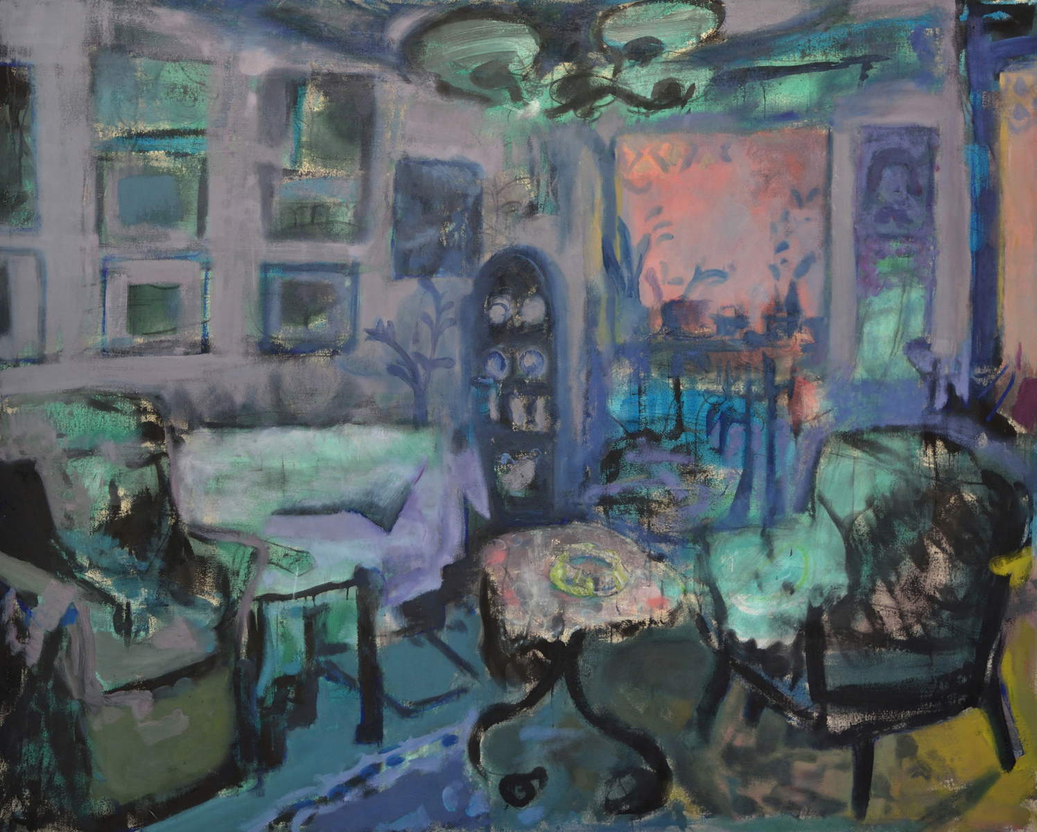 Neboj&scaron;a Despotović, Le salon de ma mère (2024 ; acrylique, huile et cendres sur toile, 166 x 207 cm)