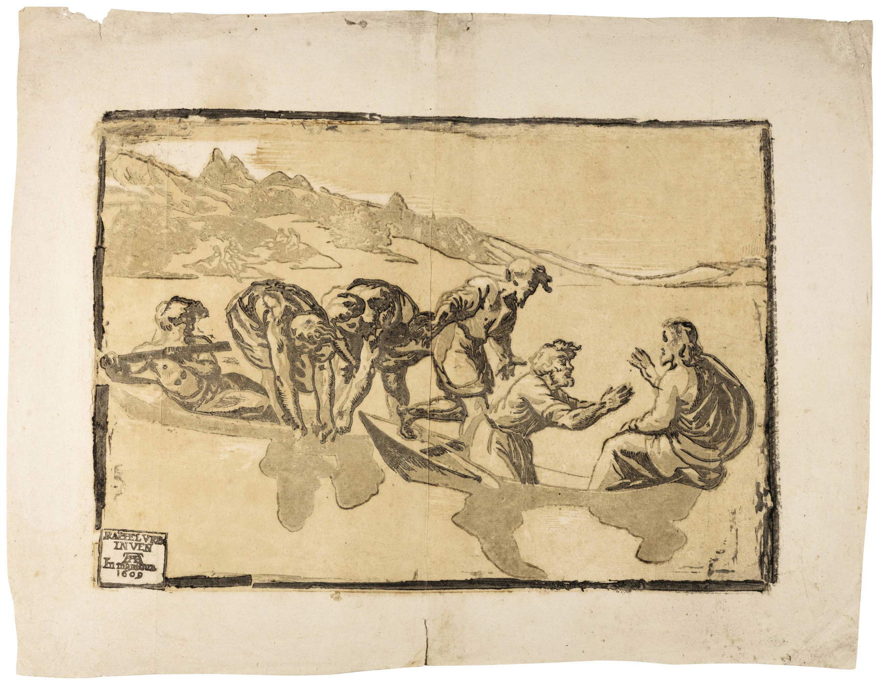 Niccol&ograve; Vicentino, after Raphael, THE MIRACULOUS DRAW (circa 1540–1549 (reprinted in 1609)); three-block chiaroscuro woodcut in two shades of ochre and black on paper, 248 &times; 350 mm; Baselitz/Blau Collection)