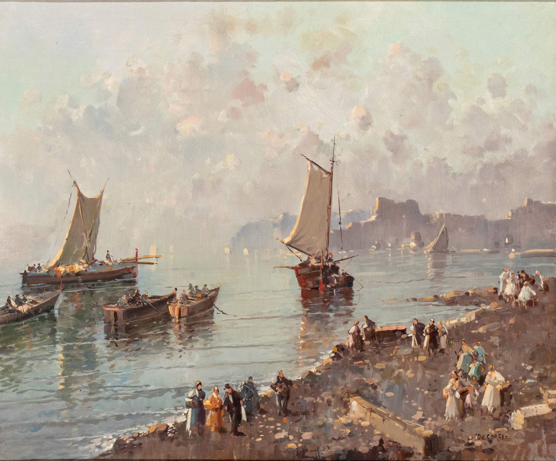Nicolas De Corsi, Marina con spiaggia, figure a passeggio e imbarcazioni (olio su tela, 65 x 78 cm) Foto: Bertolami Fine Art