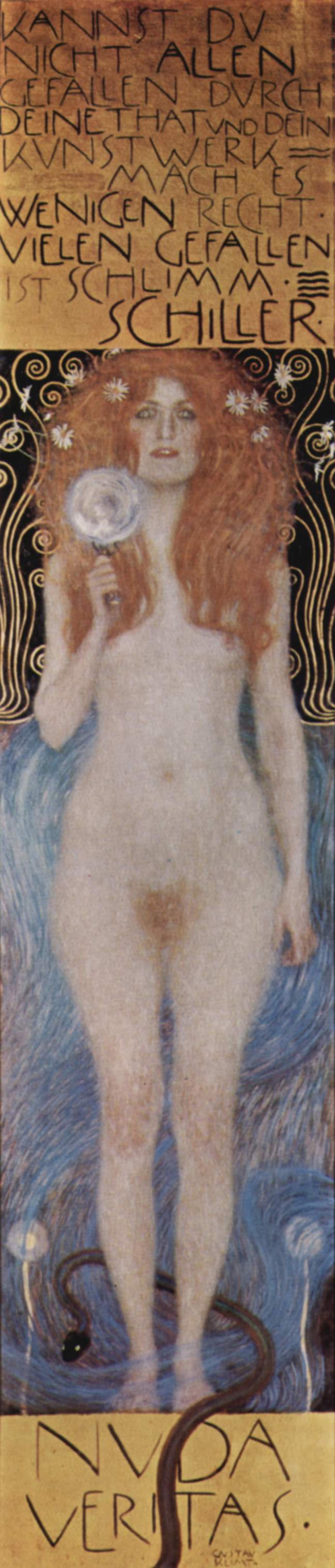 Gustav Klimt, Nuda Veritas (1899; óleo sobre lienzo, 252 x 56,2 cm; Viena, &Ouml;sterreichisches Theatermuseum)