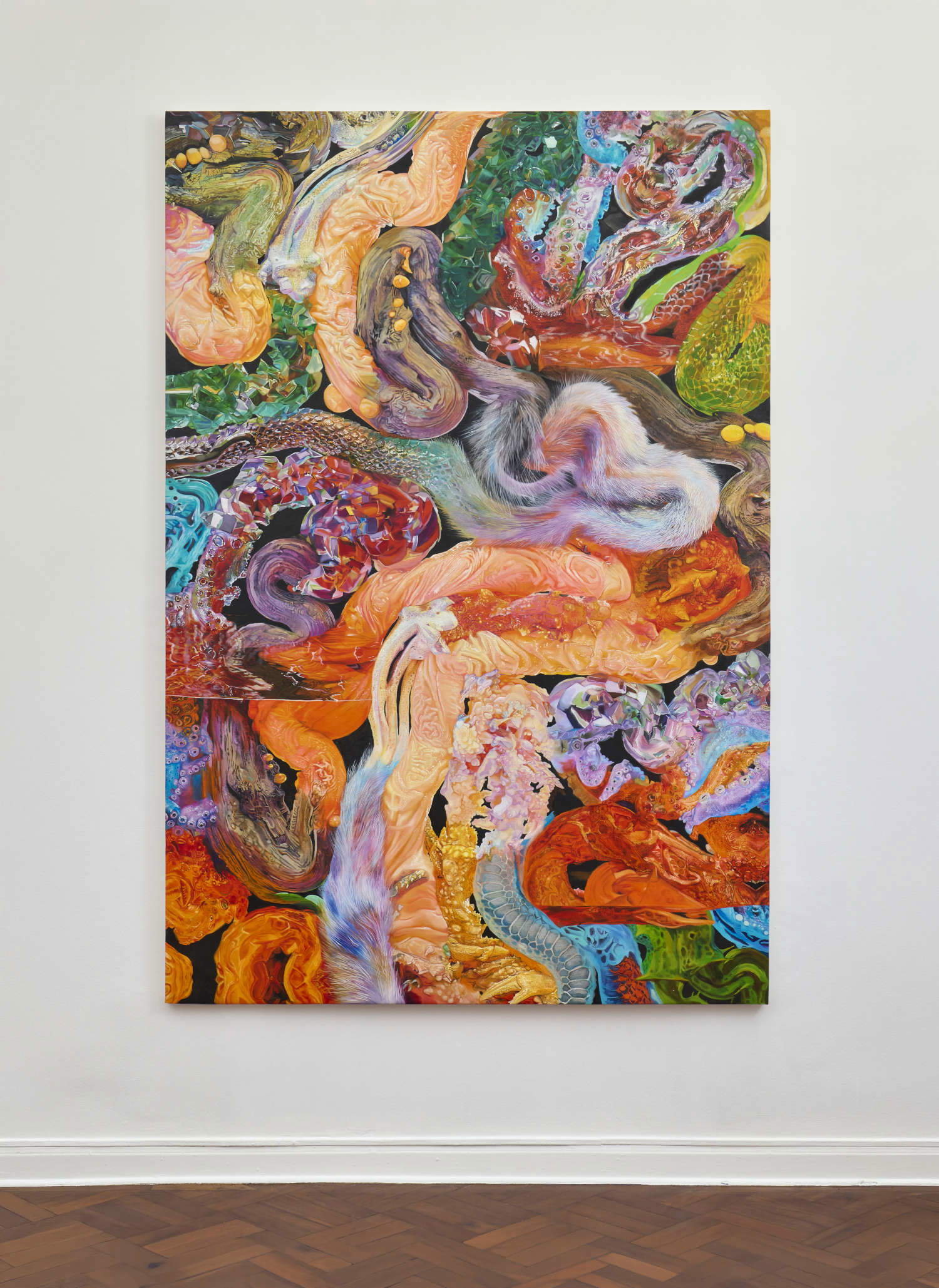 Oscar Santillan, Larva (2025; olio su tela, 250 x 170 cm)