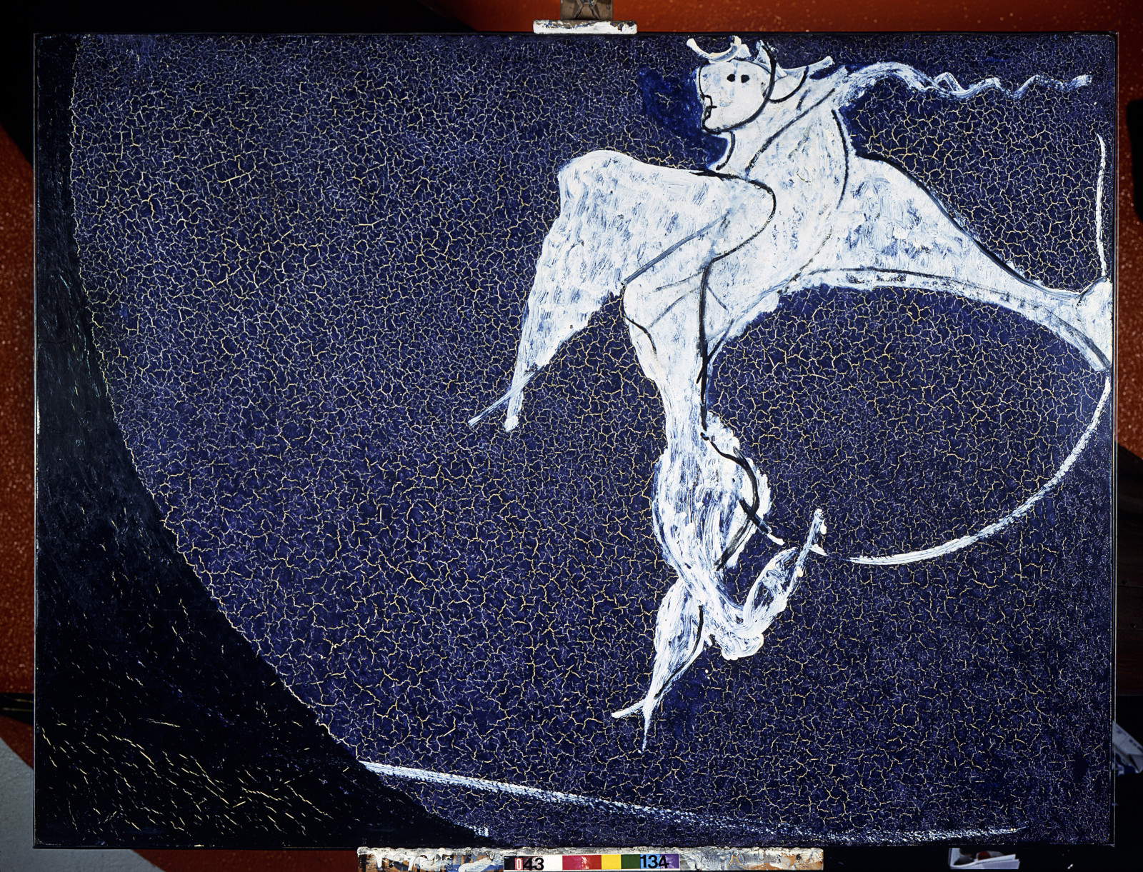 Osvaldo Licini, Ángel rebelde sobre fondo azul oscuro (1951-1952; óleo sobre masonita, 93 x 125 cm; Milán, colección particular)