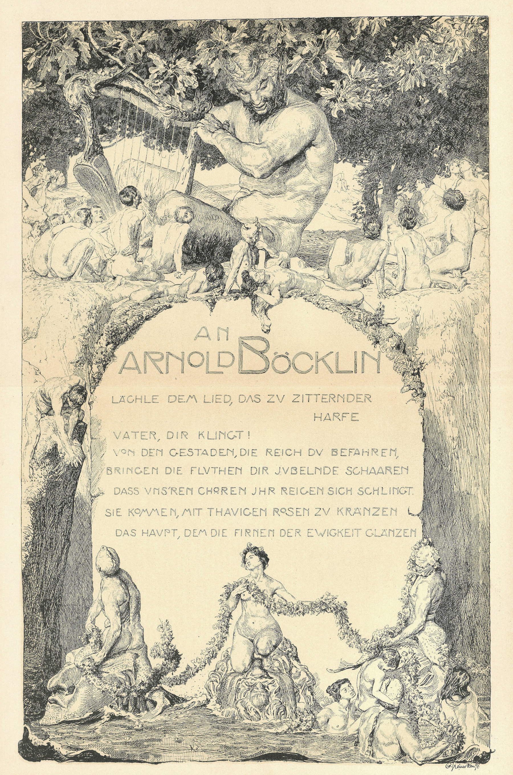 Otto Greiner, „An Arnold B&ouml;cklin&ldquo; (1892; Doppelseitige Illustration aus der Münchner Zeitschrift „Jugend&ldquo;, 1897; Privatsammlung)