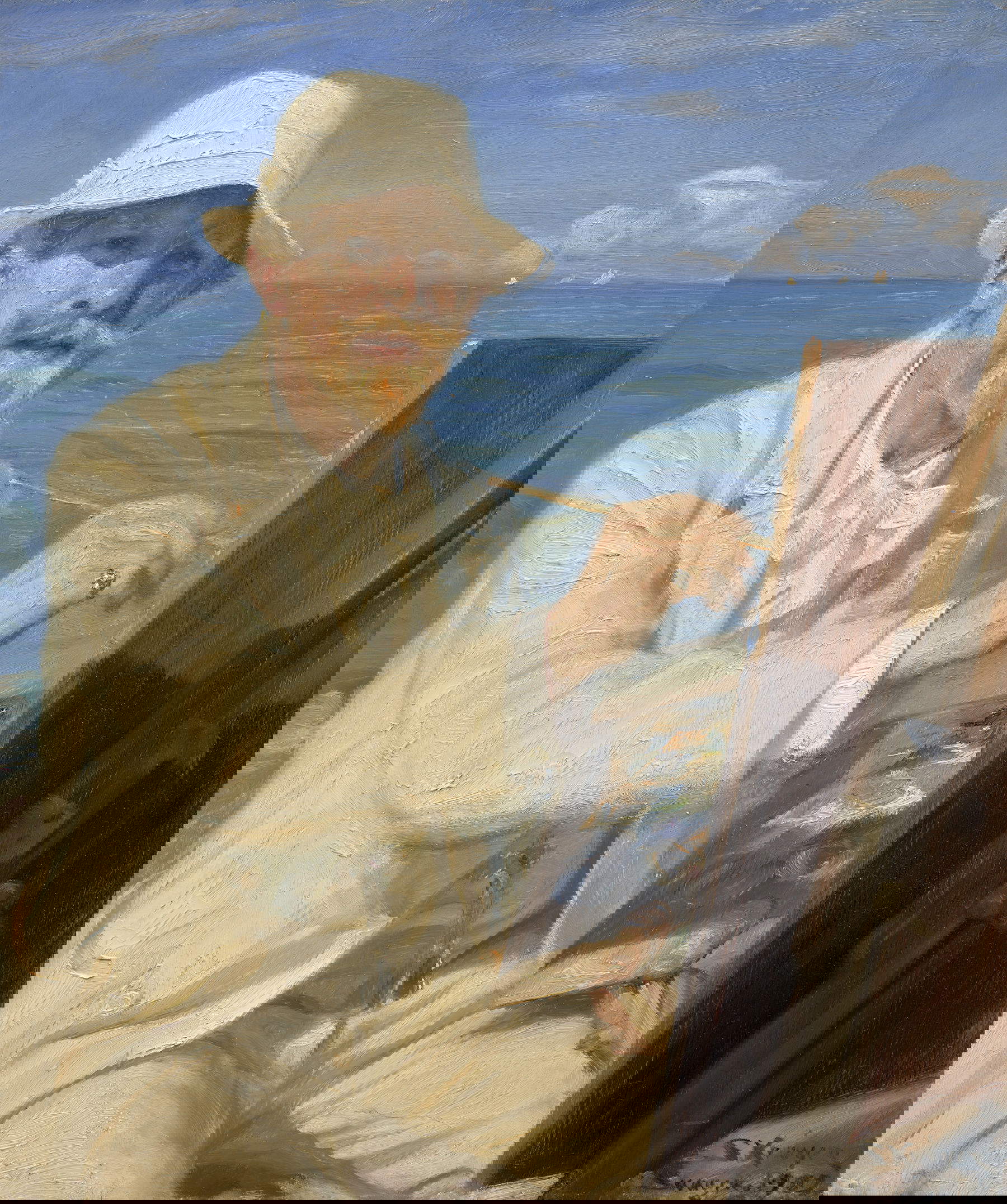P. S. Kr&oslash;yer, Autorretrato, sentado ante el caballete en la playa de Skagen (1902; óleo sobre tabla, 54 x 45,4 cm, firmado, parcialmente titulado y fechado 
