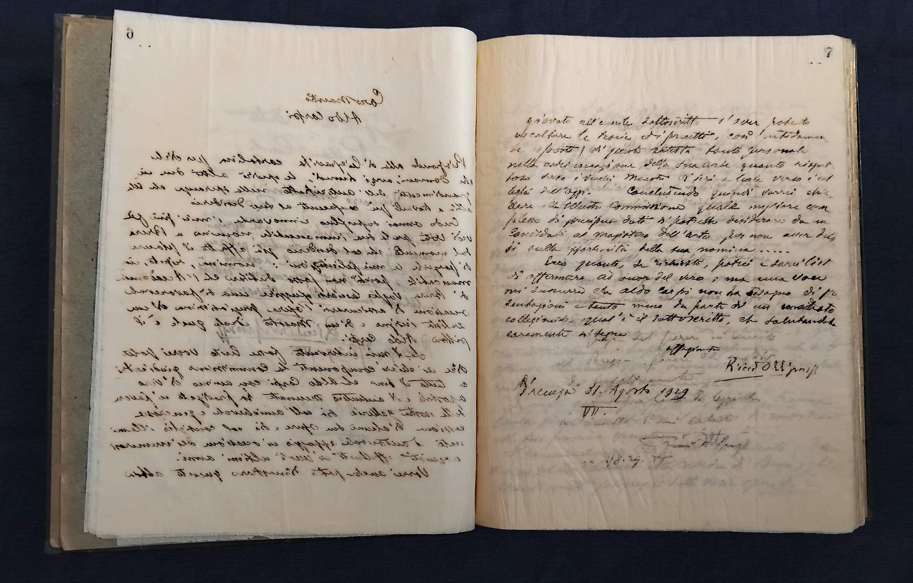 A page from the letter copial of Giuseppe Ricci Oddi