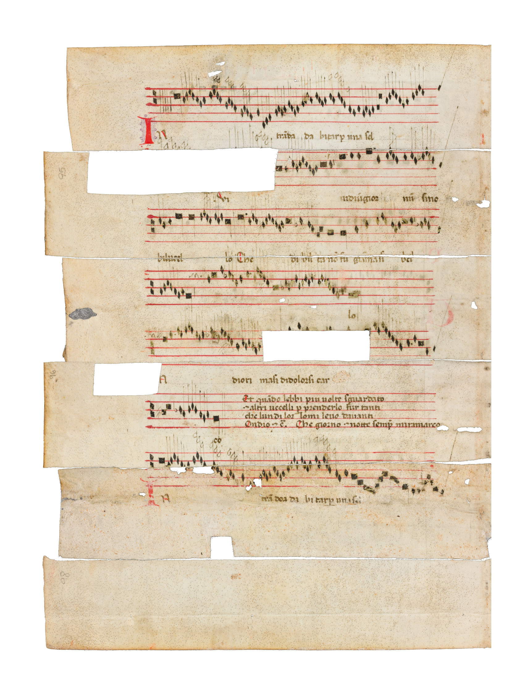 Une page reconstituée. Crédits : Francesco Zimei et Giacomo Pirani (Unitn) pour la reconstitution virtuelle, Alfredo Corrao (ICPAL) pour les photographies. Les fragments originaux sont conservés aux Archives d'État de Rimini &copy;Reproduction réservée
