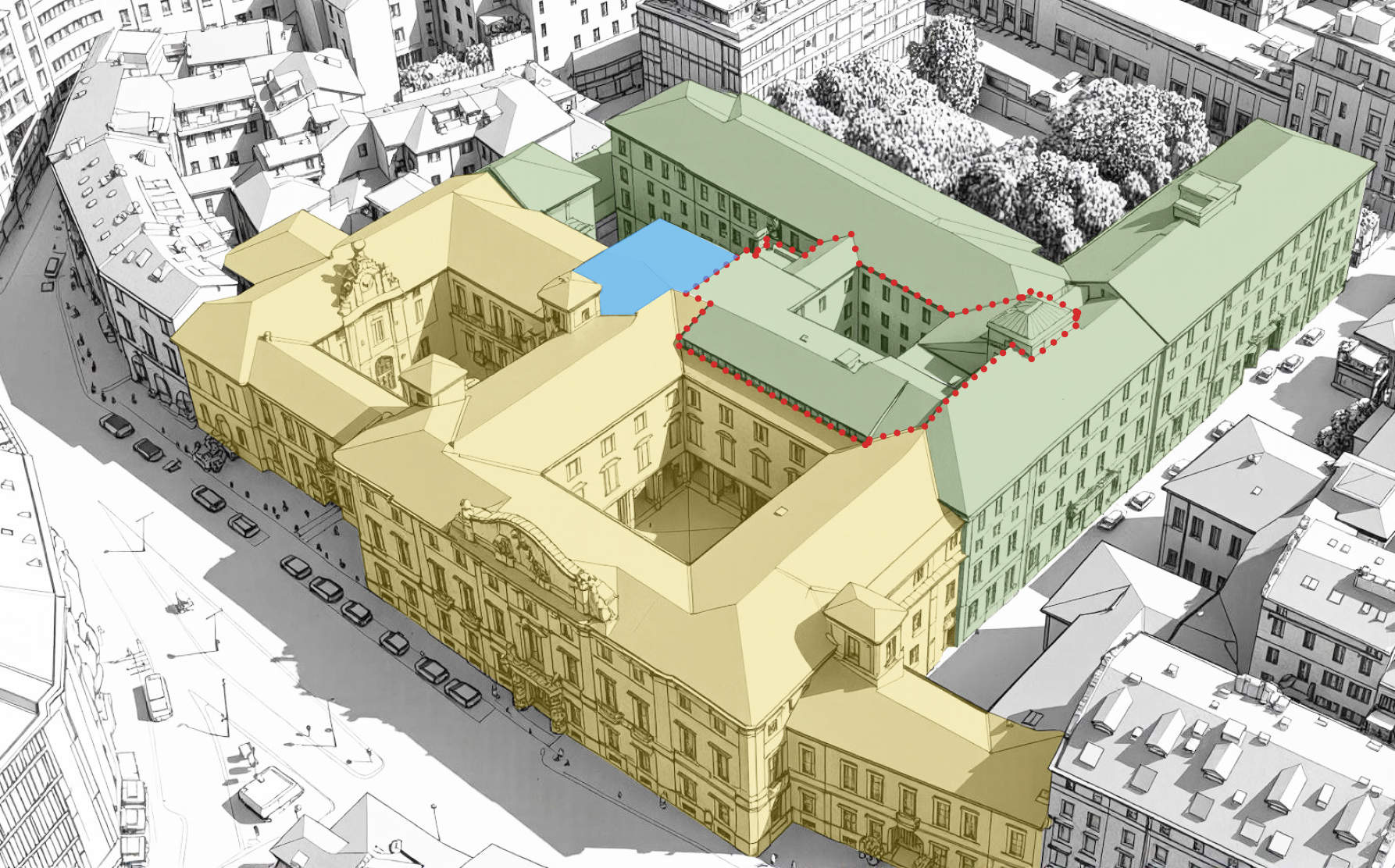 Der Palazzo-Litta-Komplex im städtischen Umfeld, mit Hervorhebung der verschiedenen Gebäudekomplexe, &copy; AMDL Circle für das Kulturministerium
