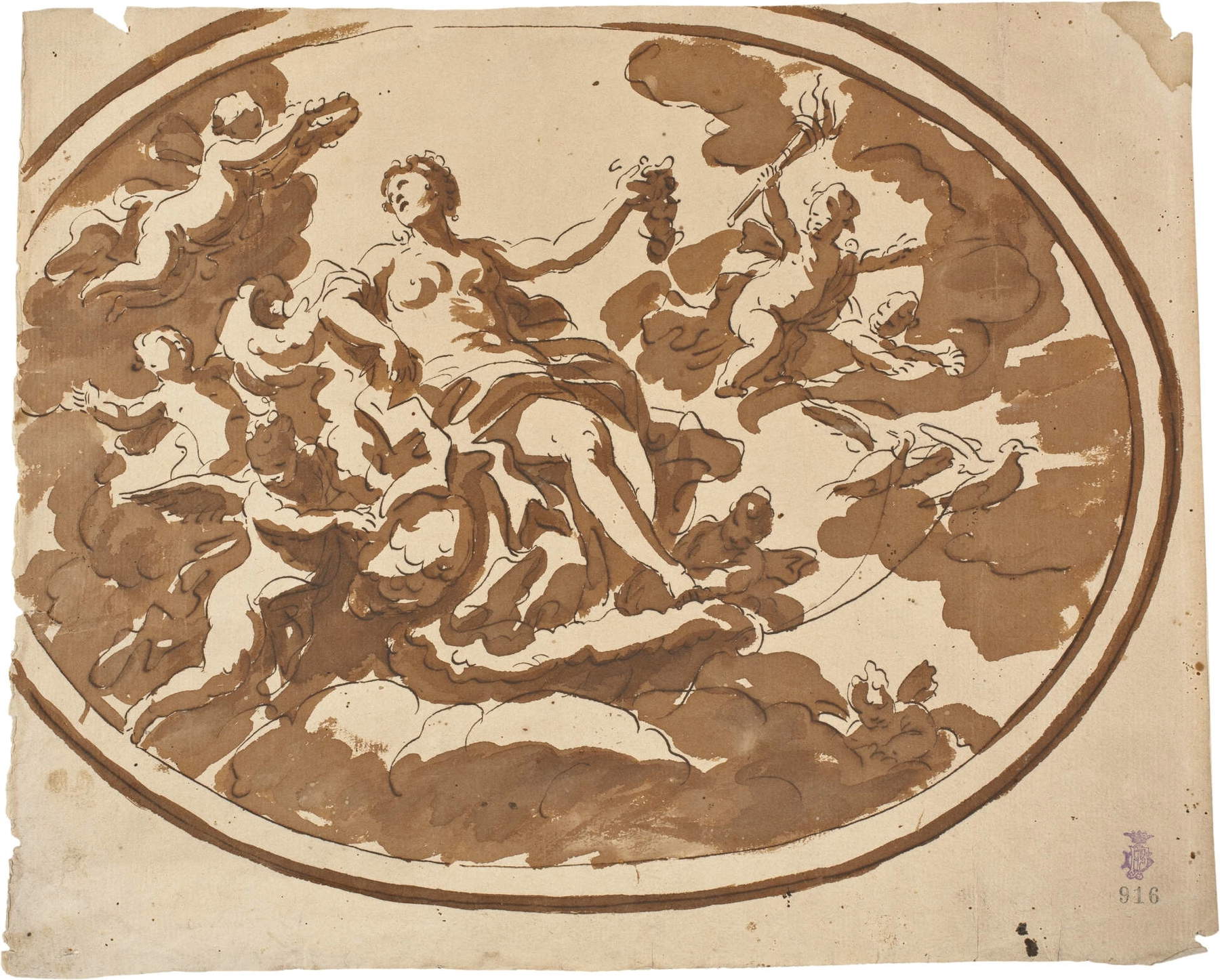 Paolo De Matteis, Der Triumph der Venus (1715–1720; Feder und braune Tinte, braunes Aquarell auf bräunlichem Papier, 243 &times; 333 mm; Madrid, Prado, Inv. D991)