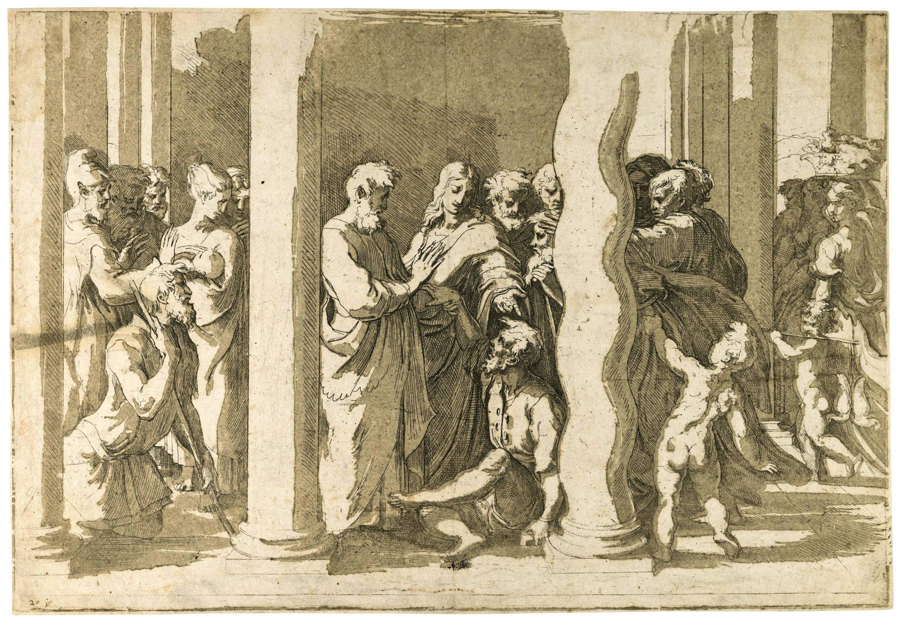 Parmigianino, after Raphael, SAINT PETER AND SAINT JOHN HEALING THE CRIPPLE AT THE GATE OF THE TEMPLE (c. 1527–1530; etching and drypoint or burin engraving, woodcut on greenish-gray wood on paper, 282 &times; 409 mm; Baselitz/Blau Collection)