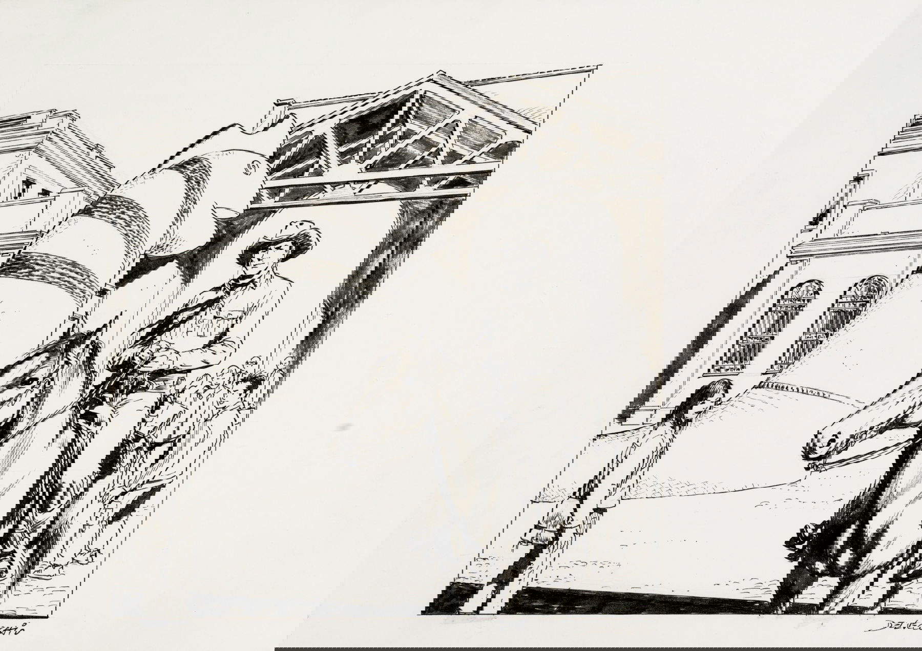 Pasquale Del Vecchio, Tex at WOW, lote 26 (2025; lápiz y tinta china sobre cartón, 42 x 30 cm) Firmado. Base d'auction &euro; 100; Estimación &euro; 100 - 200