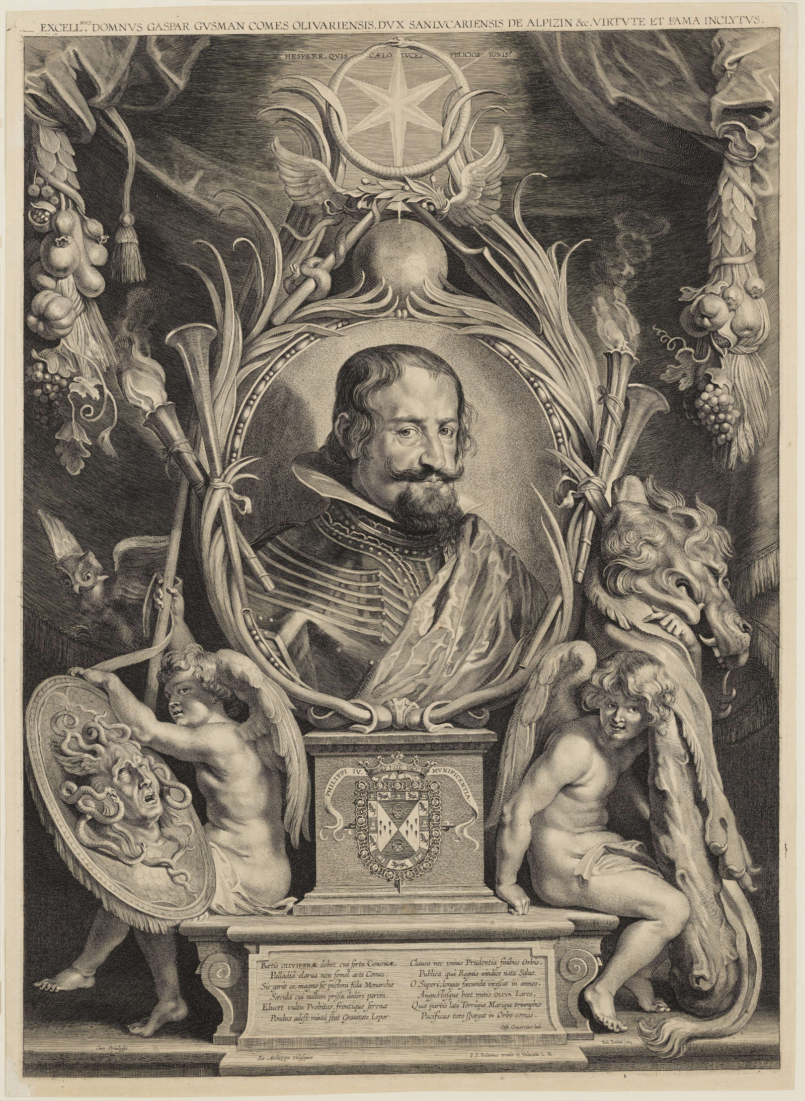Paulus Pontius (after Diego Vel&aacute;zquez and Pieter Paul Rubens), Allegorical Portrait of the Count-Duke of Olivares (1626; etching and burin on paper, 61.5 x 44.5 cm; New York, Metropolitan Museum)