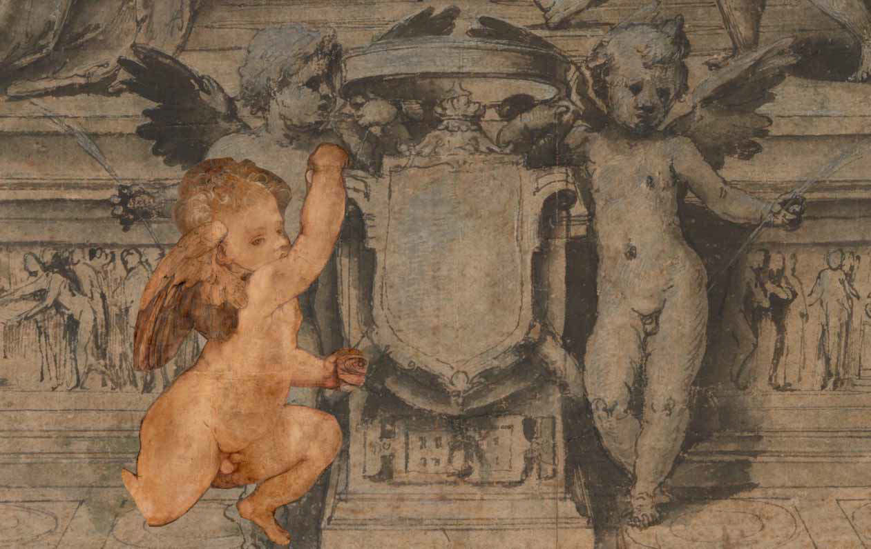 Ricostruzione della posizione dell'Amorino di Goldfinch Fine Arts con lo stemma di Andrea Doria