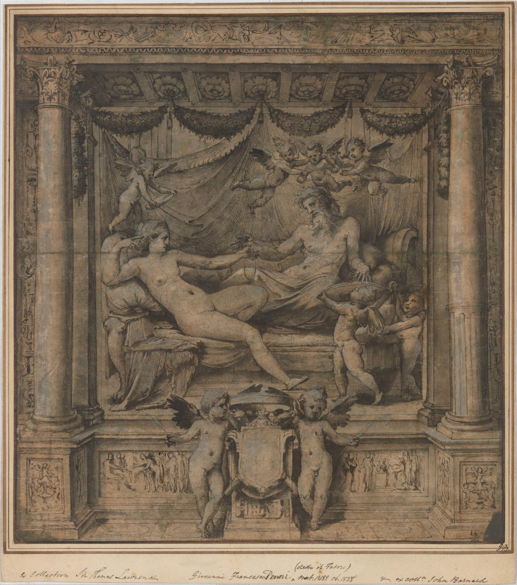 Perin del Vaga, Giove e Giunone, progetto per l'arazzo dei Furti di Giove (1532-1535 circa; penna e inchiostro con velatura marrone, lumeggiature bianche su carta grigia, 431 x 400 mm; New York, Metropolitan Museum, inv. 2011.36)