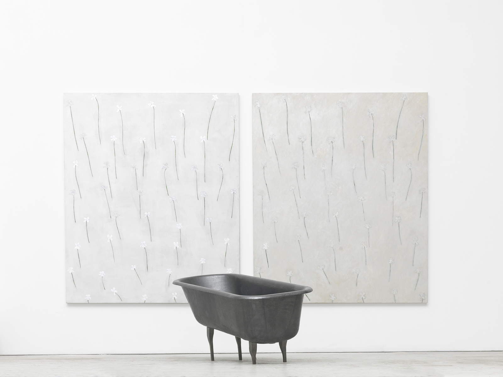 Pier Paolo Calzolari, Ensemble (2006; Öltempera auf Milchbasis auf Leinwand, Wanne aus Eisen und Blei, 314 &times; 410 &times; 305 cm)