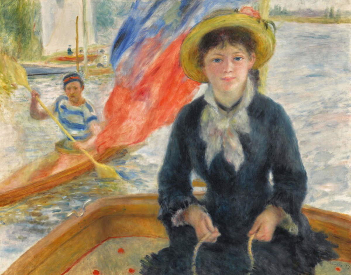 Pierre-Auguste Renoir, *En Canot (Jeune fille &agrave; la barque)* (1877; oil on canvas, 73.7 &times; 92.9 cm; signed “Renoir” and dated “77” (lower right)) Photo: Sotheby&rsquo;s