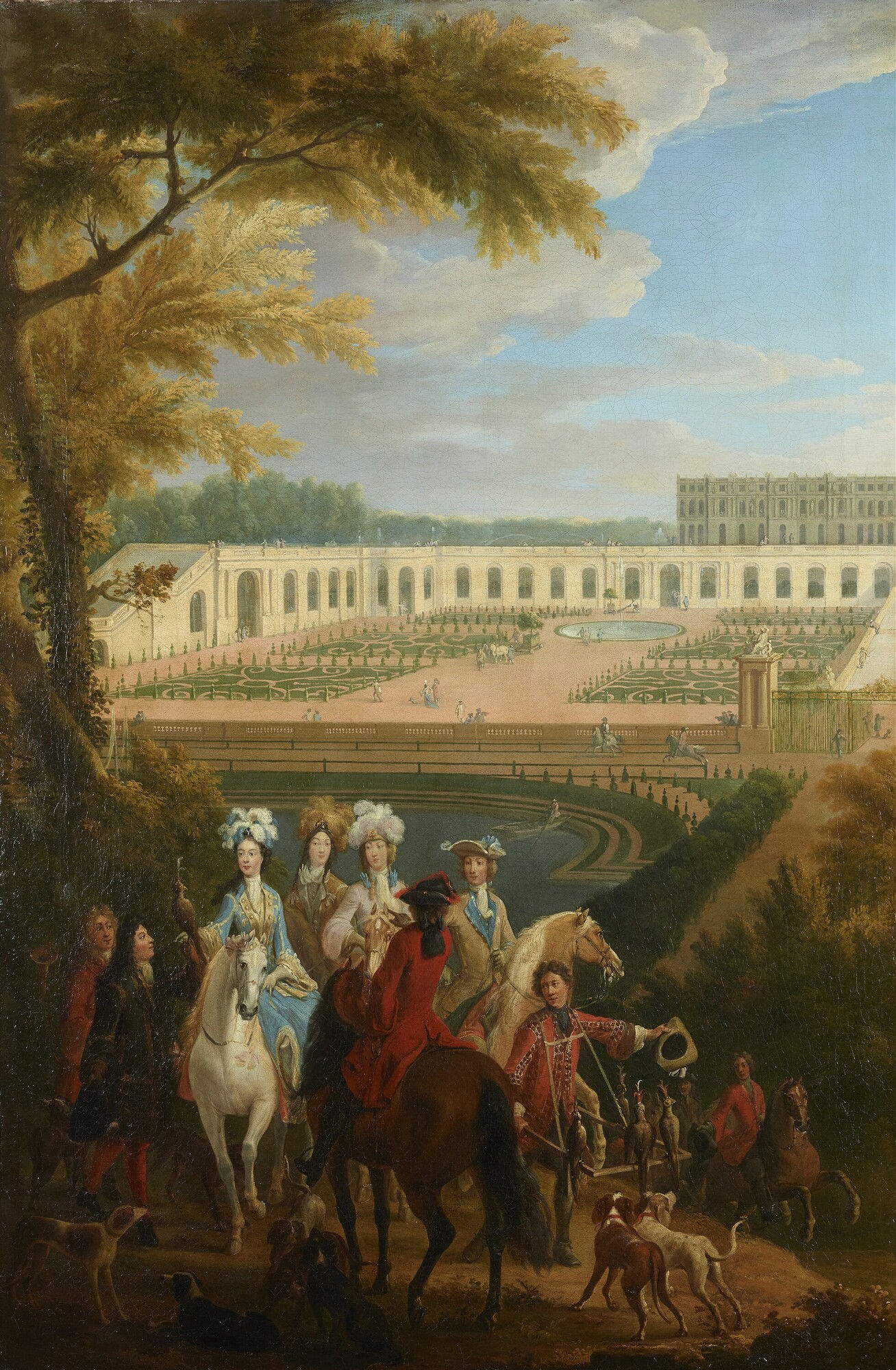 Attribuito a Pierre-Denis Martin, Veduta della duchessa di Borgogna in partenza per la caccia davanti all'Orangerie di Versailles (1697-1700; olio su tela,&nbsp;122 x 80,2 cm; Versailles, Chateau de Versailles - Mus&eacute;e de l'Histoire de France, MV 5696) Foto: Wikimedia Commons