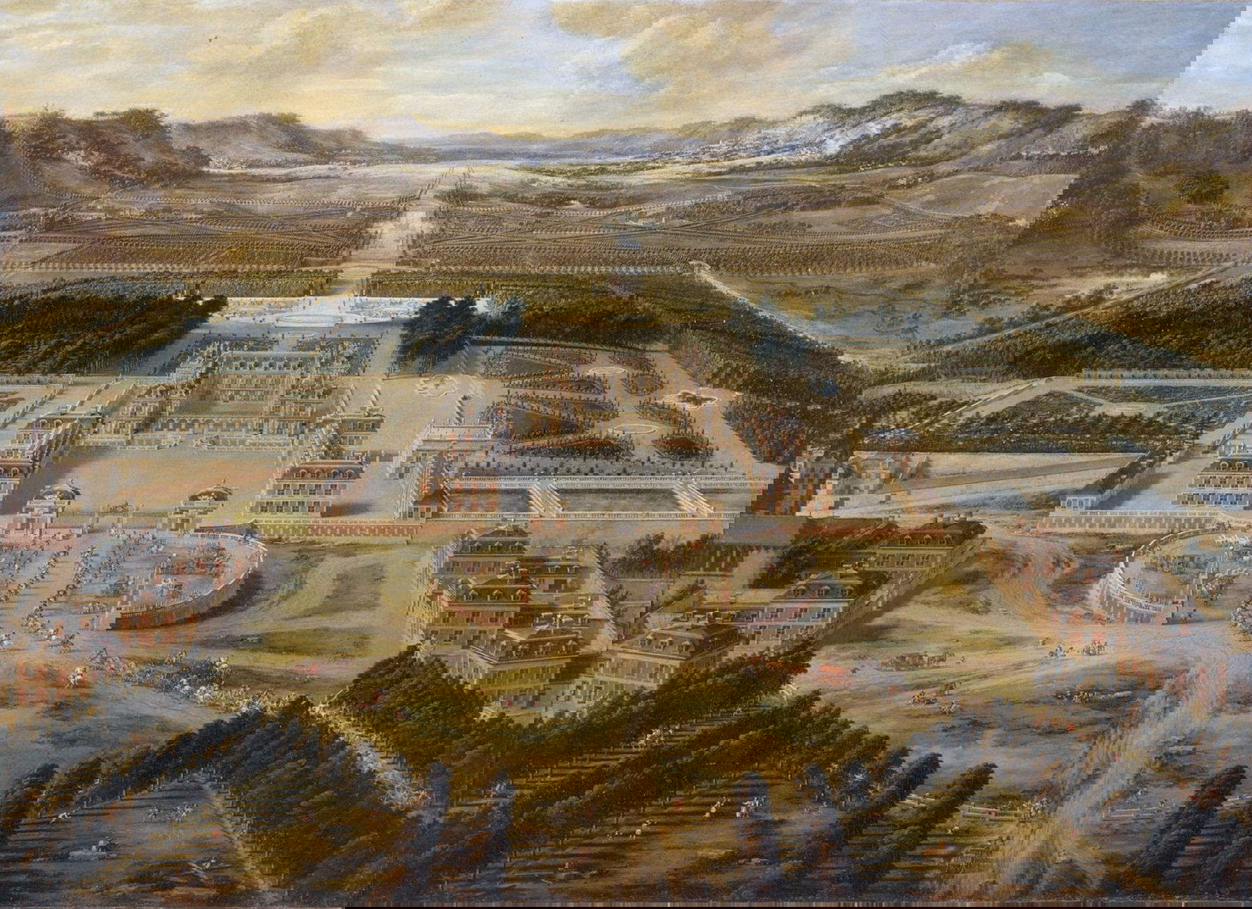 Pierre Patel, Vista del Palazzo e dei Giardini di Versailles, scattata dal viale di Parigi (1668; olio su tela, 115 x 161 cm; Versailles, Chateau de Versailles - Mus&eacute;e de l'Histoire de France, MV 765) Foto: Wikimedia Commons