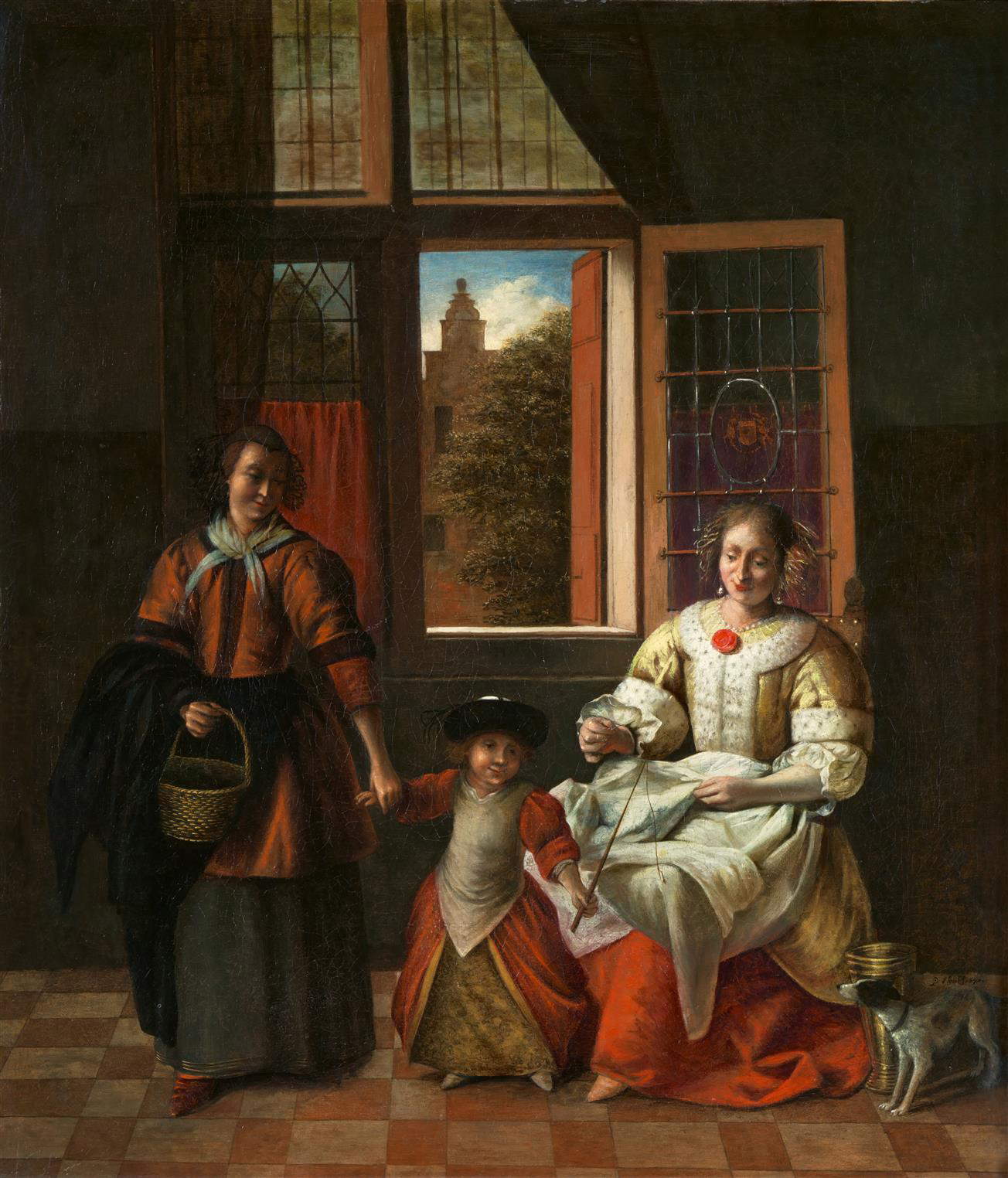 Pieter de Hooch, Woman sewing by a window with a maid and a child
