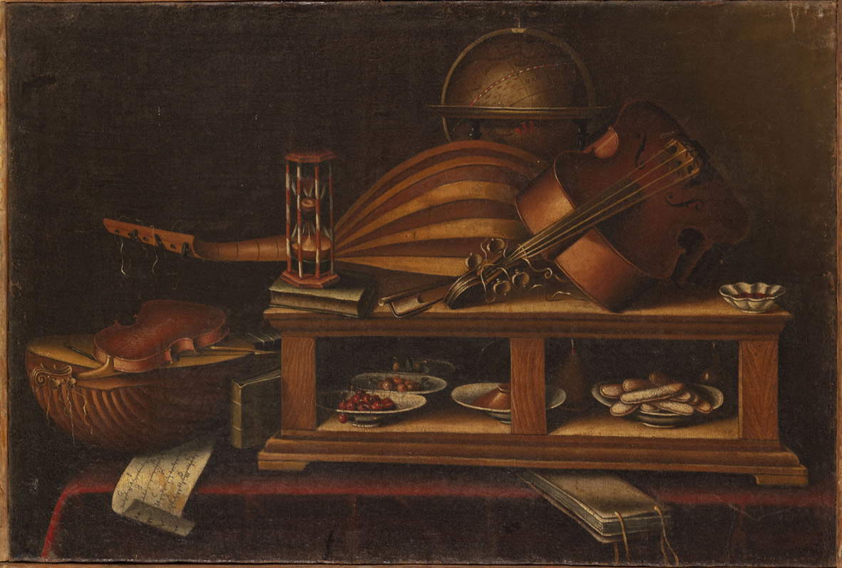 Lombard painter, Still Life with Musical Instruments, Globe, Hourglass, Cherries, and Cookies (late 18th century; Rovigo, Episcopal Seminary)