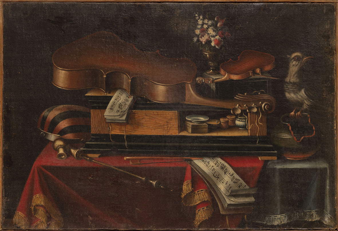 Lombard painter, Still Life with Musical Instruments, a Vase of Flowers, a Bird, a Pipe, and Small Jars (late 18th century; Rovigo, Episcopal Seminary)