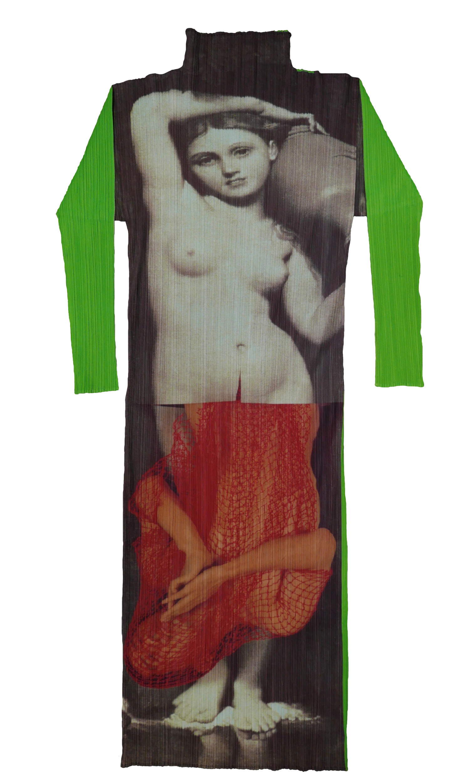Yasumasa Morimura, visual artist for Pleats Please by Issey Miyake, ready-to-wear fashion house, inspired by Jean-Auguste-Dominique Ingres' La Source and his own Portrait (La Source III). Long dress, Fall-Winter 1996-1997, polyester fabric. Moji Farhat Collection &copy; Moji Farhat