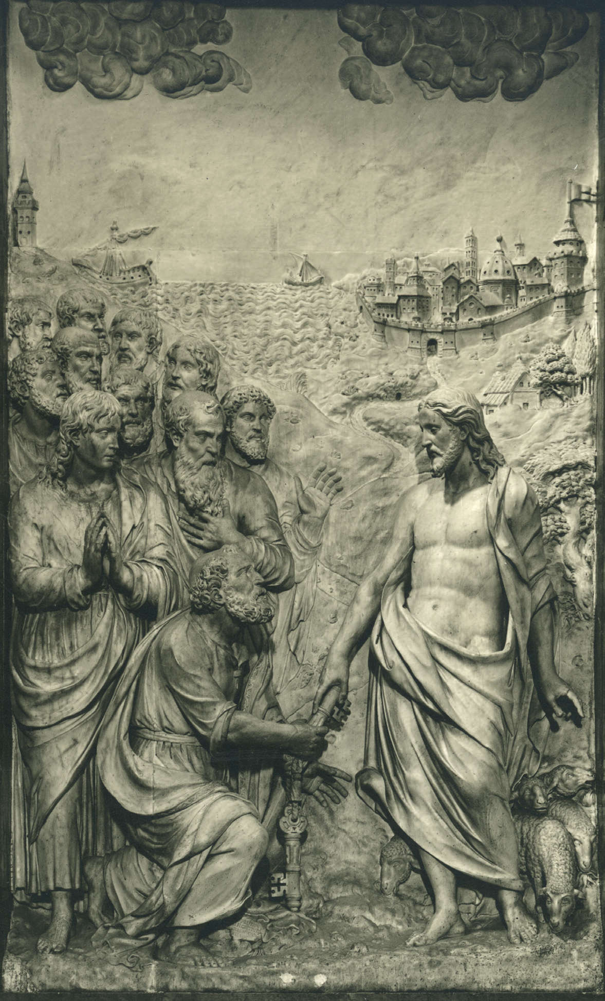 Pompeo Ferrucci, Cristo consegna le chiavi a San Pietro (1613; marmo; Frascati, Duomo di San Pietro, Cappella del Rosario)