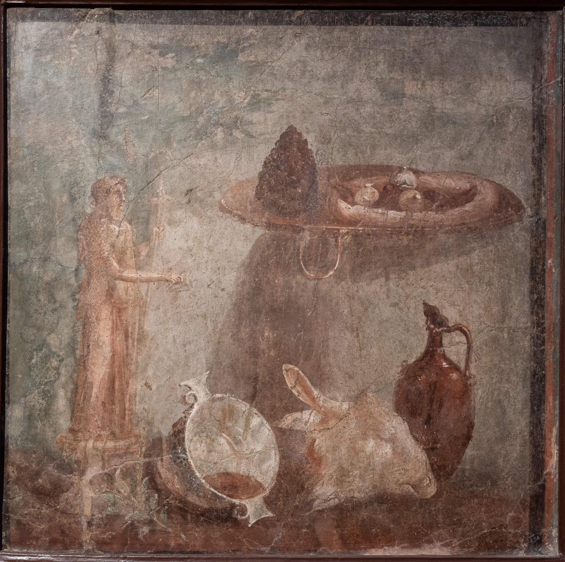 Fresko mit Opfergaben an den Gott Bacchus, Herculaneum, Haus der Hirsche, Stuck, 1–79 n. Chr., Archäologisches Nationalmuseum von Neapel