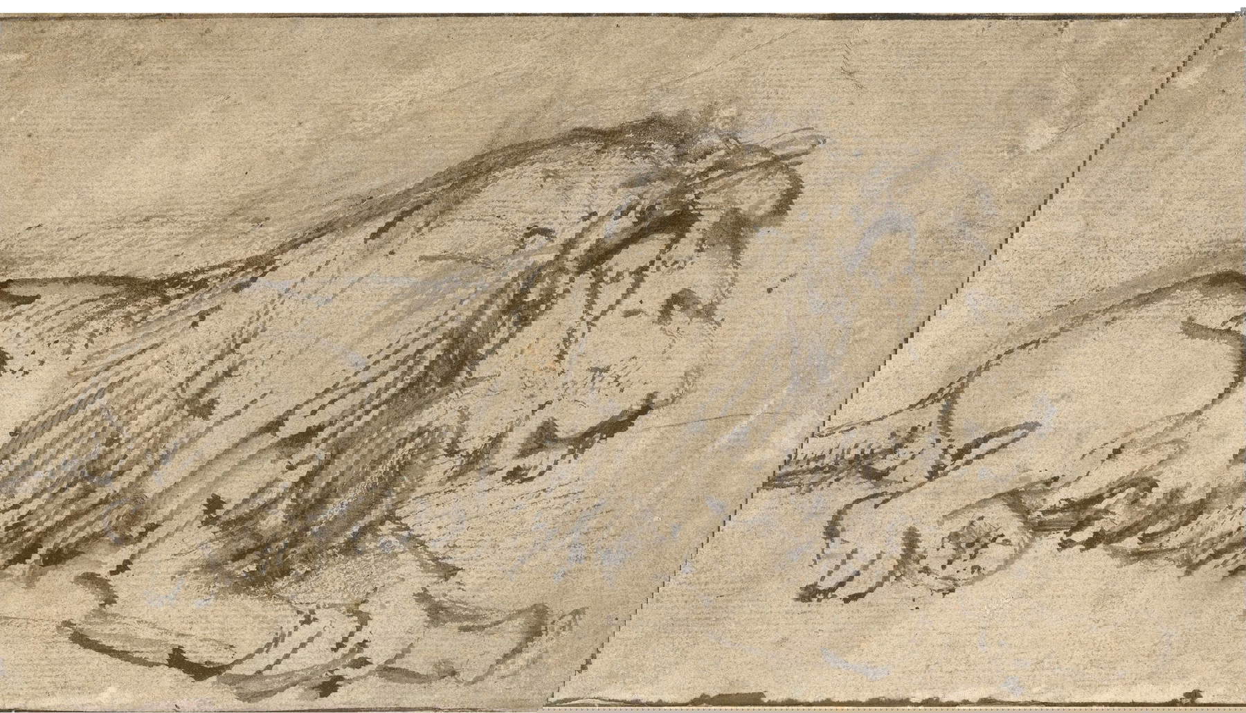 Rembrandt, Liegender Löwe (um 1660; brauner Pinsel und Aquarell; Amsterdam, Rijksmuseum)